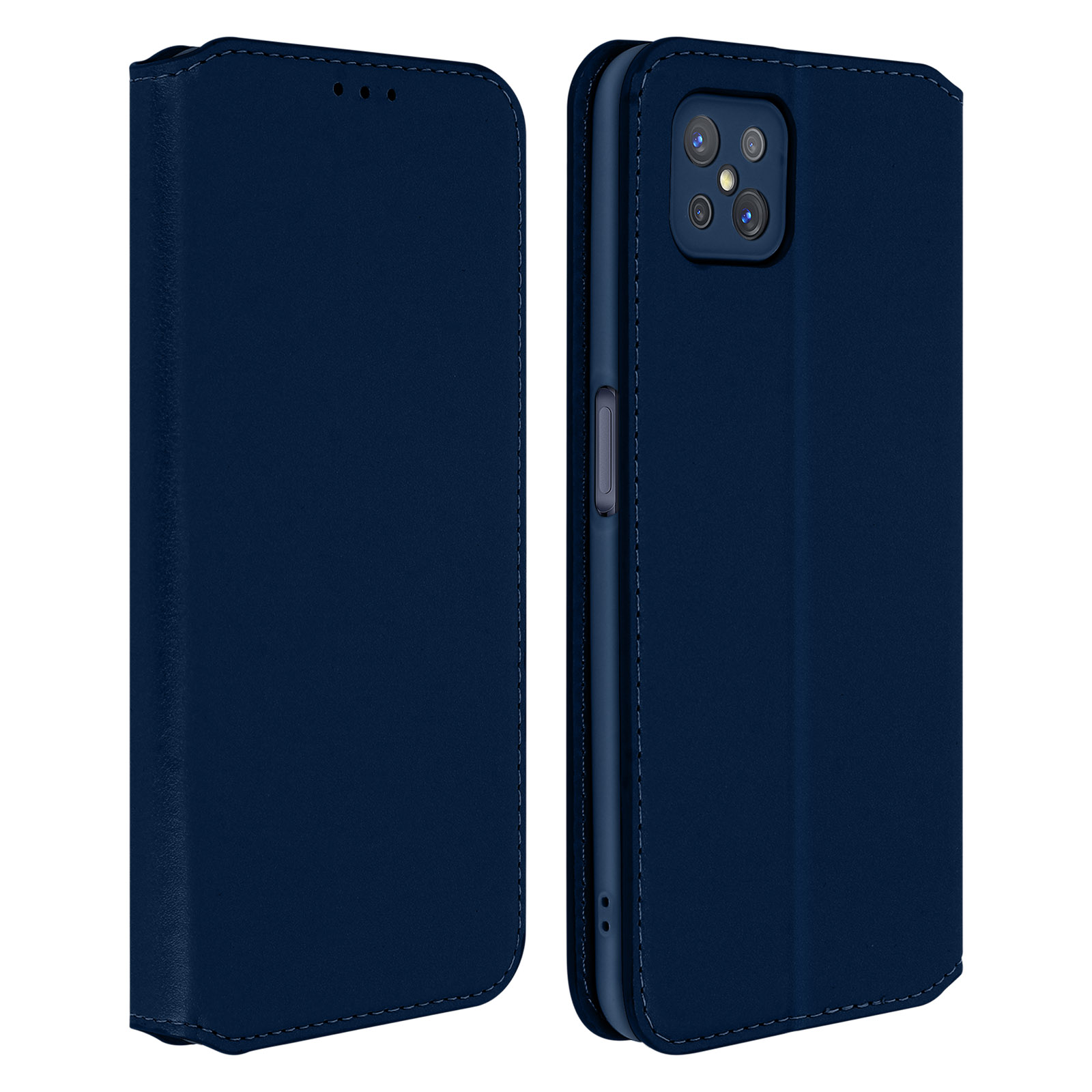 Custodia blu scuro per telefono, chiusa e aperta. La custodia aperta mostra un telefono con fotocamere e copertura blu.