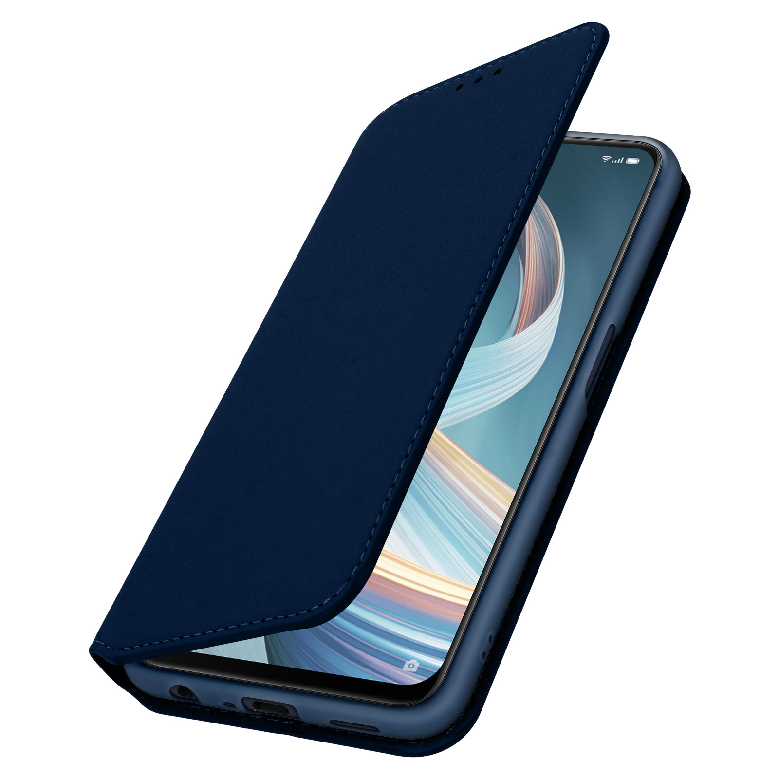 Custodia blu per telefono aperta, che mostra un telefono con uno sfondo strutturato.