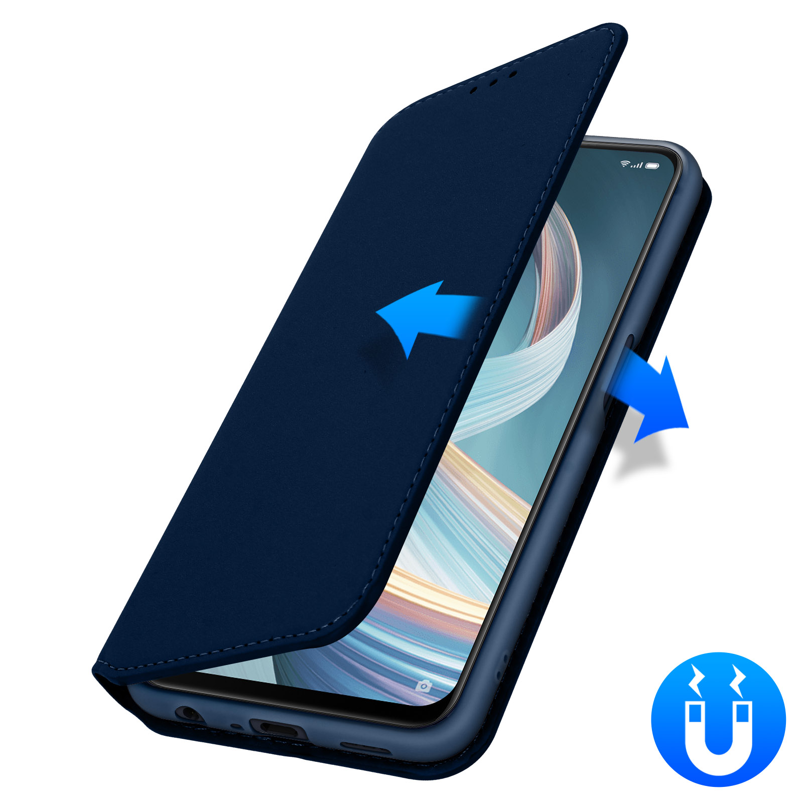 Custodia blu scuro con telefono, frecce blu e simbolo magnetico.