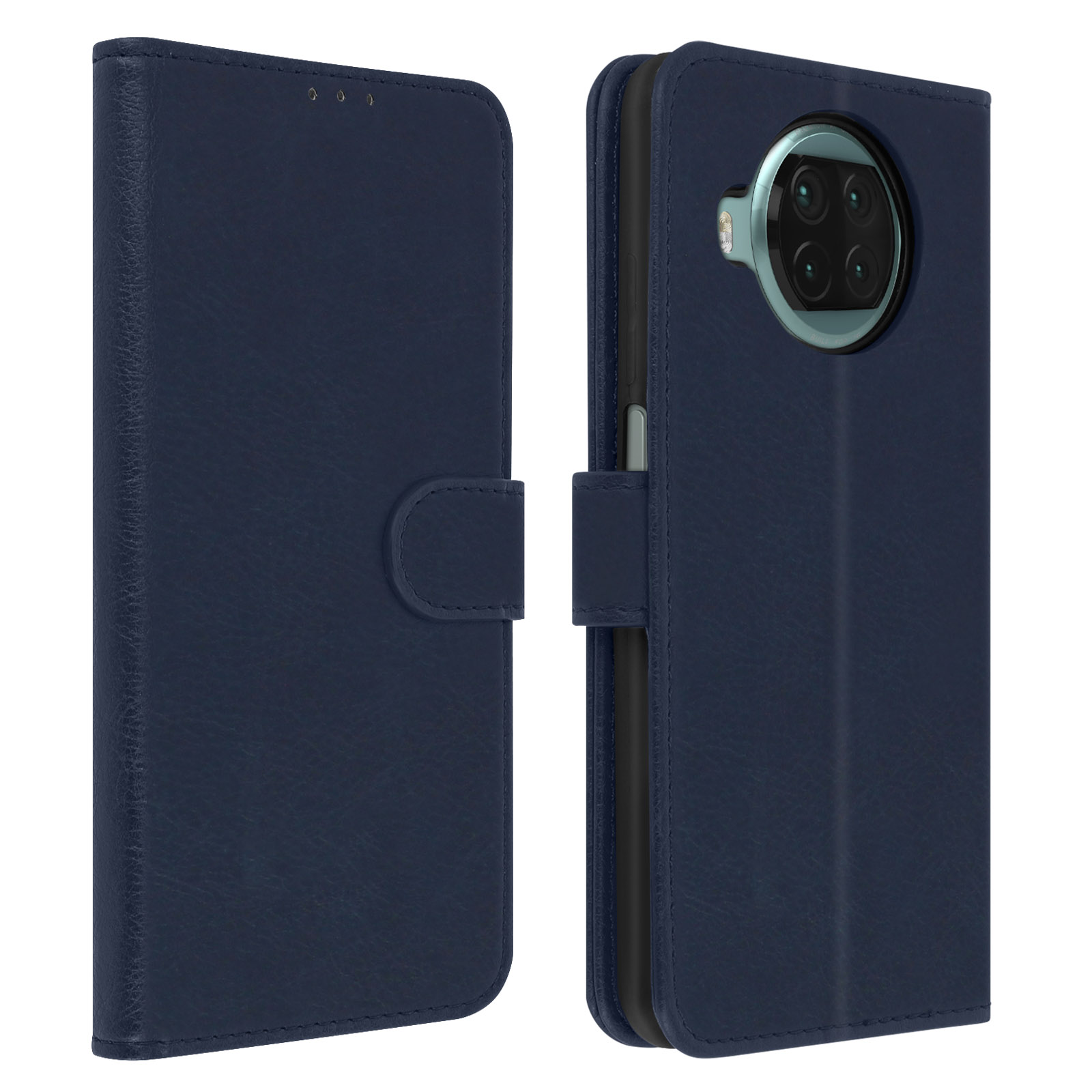 Custodia blu per telefono, lato destro aperto, che mostra il telefono e la fotocamera.