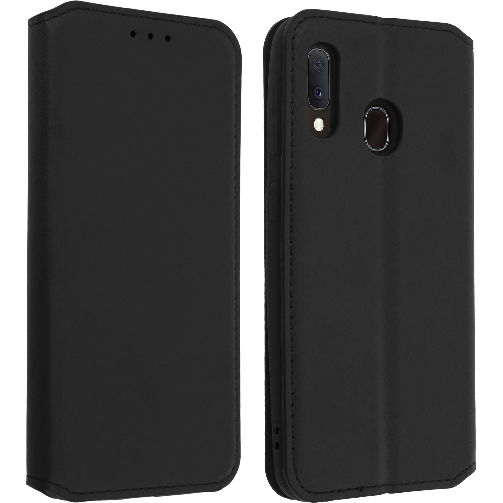 Étui de téléphone en cuir noir. Fermé à gauche, ouvert à droite, montrant un téléphone à l'intérieur.