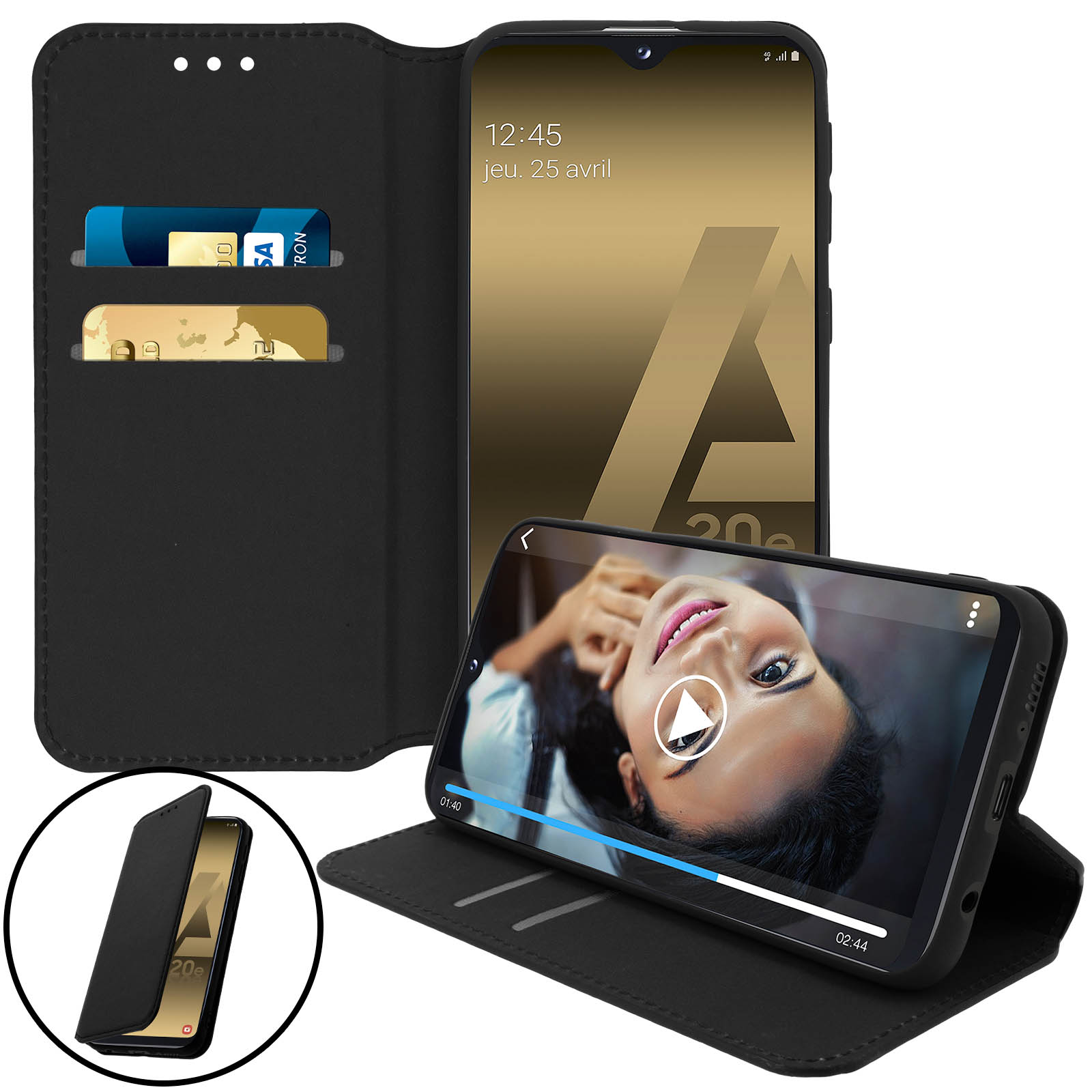 Étui de téléphone noir avec un téléphone affichant une vidéo et des cartes sur fond blanc.