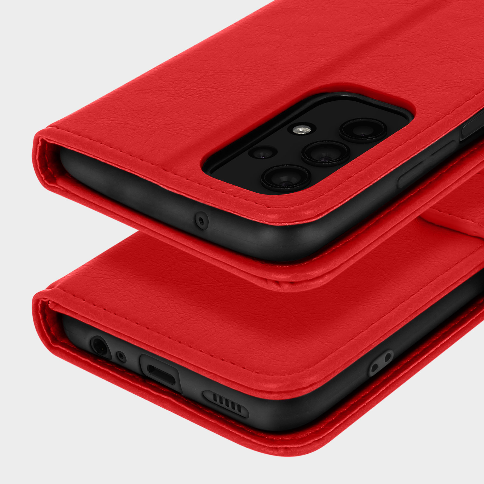 Custodia rossa, dettagli della fotocamera e del design del telefono.