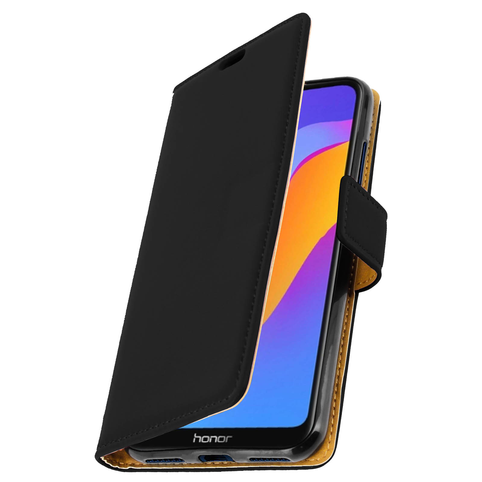 Custodia per telefono nera aperta, che rivela un telefono. La custodia ha un bordo dorato e una chiusura magnetica.