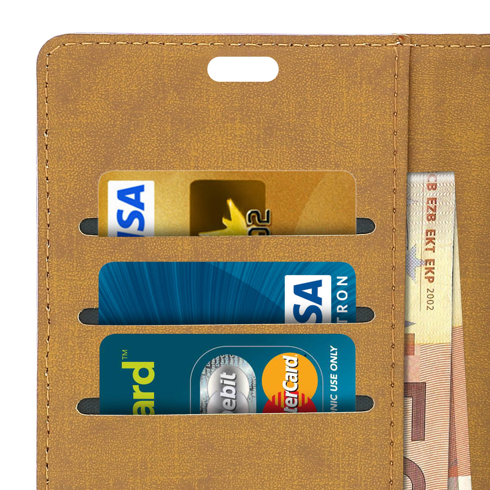 Interno della custodia del telefono con carte di credito e contanti. Colore beige. Primo piano.