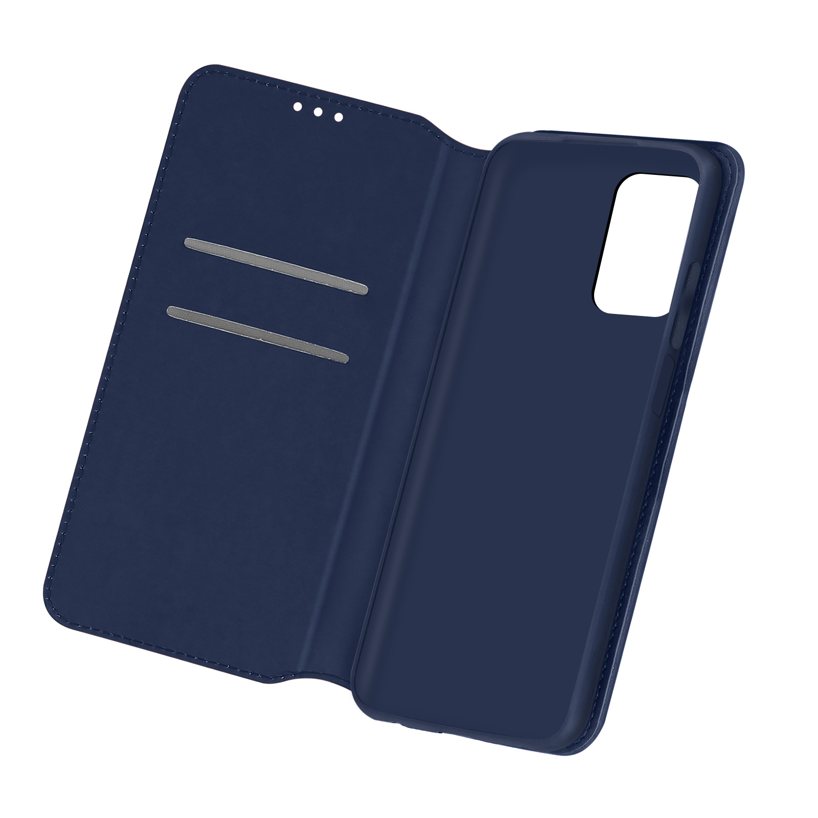 Coque de téléphone bleu foncé, ouverte, avec fentes pour cartes et téléphone visible à l'intérieur.