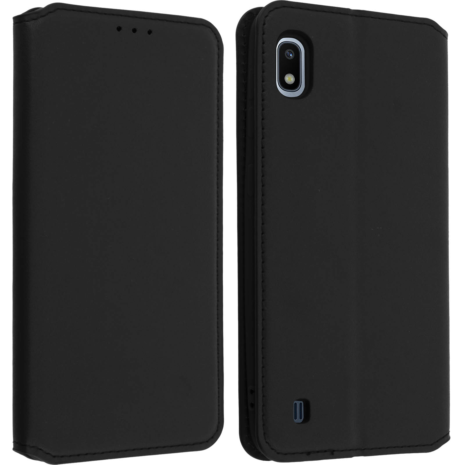 Étui de téléphone noir ouvert, montrant un téléphone à l'intérieur. L'étui est ouvert, noir, avec un téléphone.