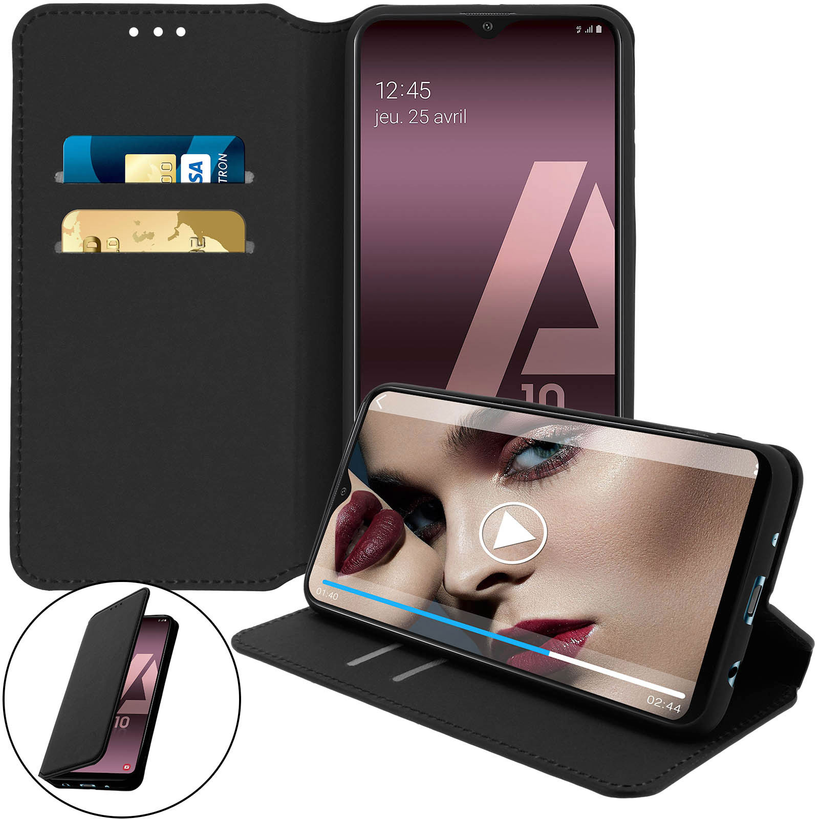 Étui de téléphone noir ouvert. Étui de téléphone montrant un téléphone avec cartes et argent.