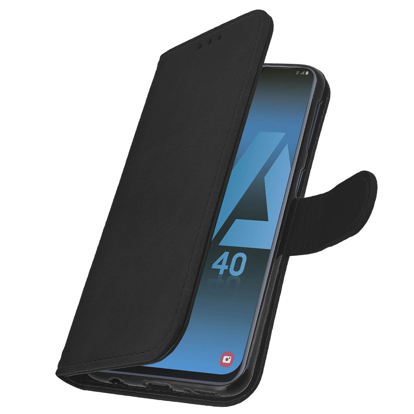 Zwarte telefoon in een zwart hoesje. De telefoon toont een interface op een blauwe achtergrond.