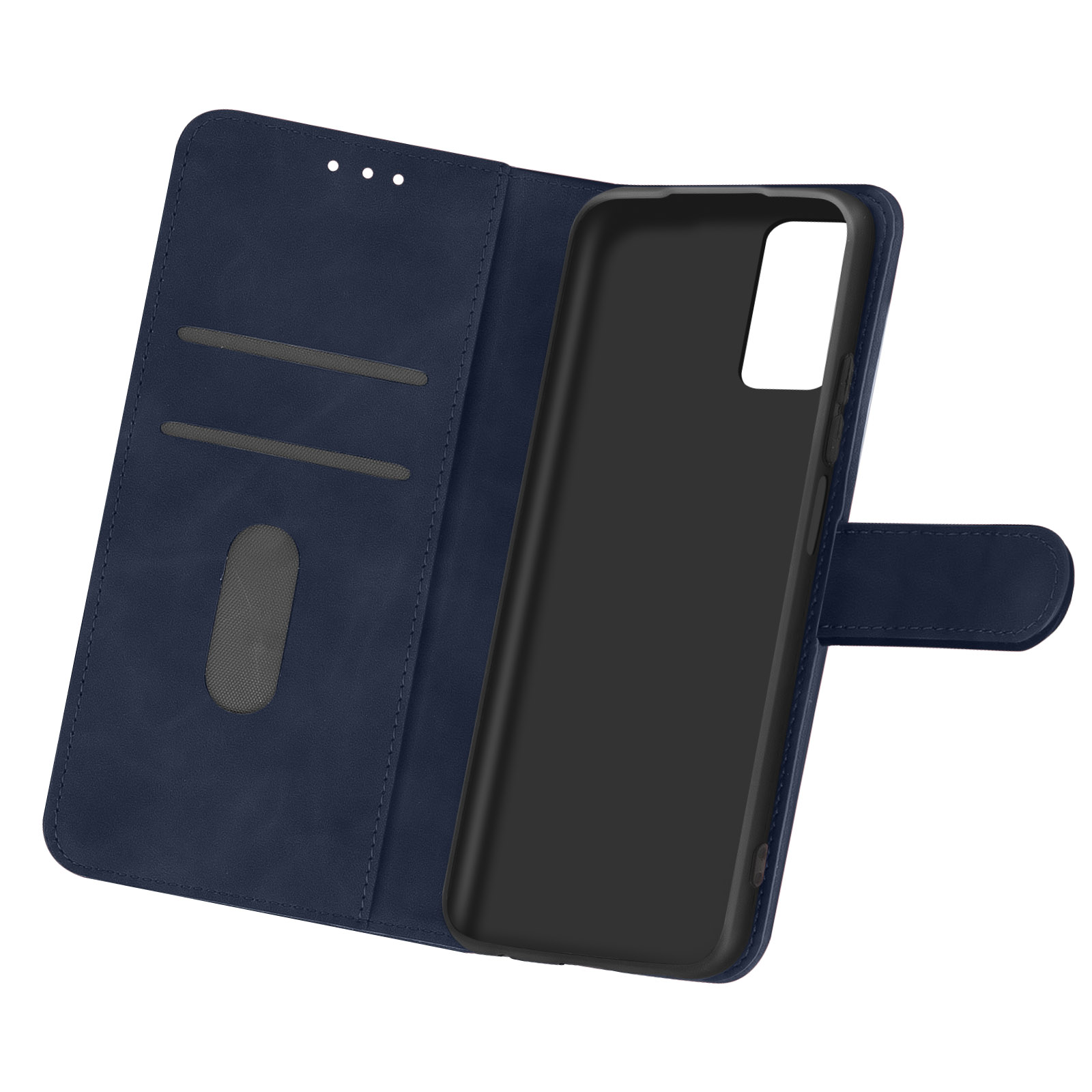Custodia blu scuro per telefono, aperta, che mostra un esterno blu scuro, un interno nero e uno slot per schede.
