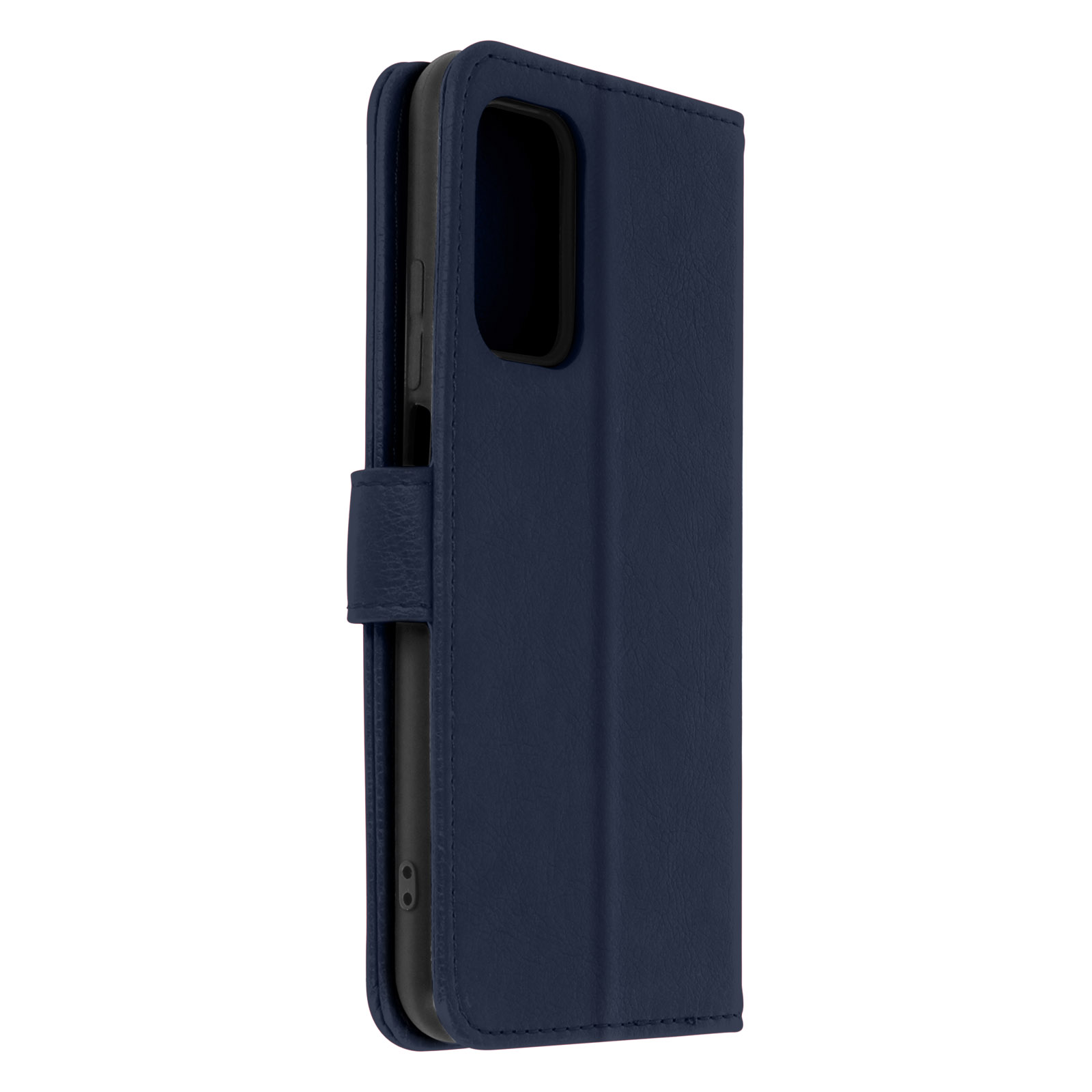 Custodia per telefono blu scuro. La custodia è aperta, mostrando il lato con il supporto del telefono.