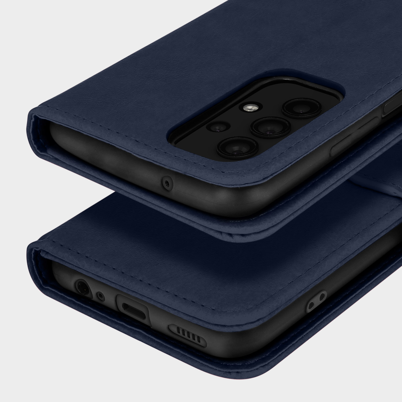 Due telefoni in custodie blu scuro, uno aperto, che mostra l'interno della custodia.