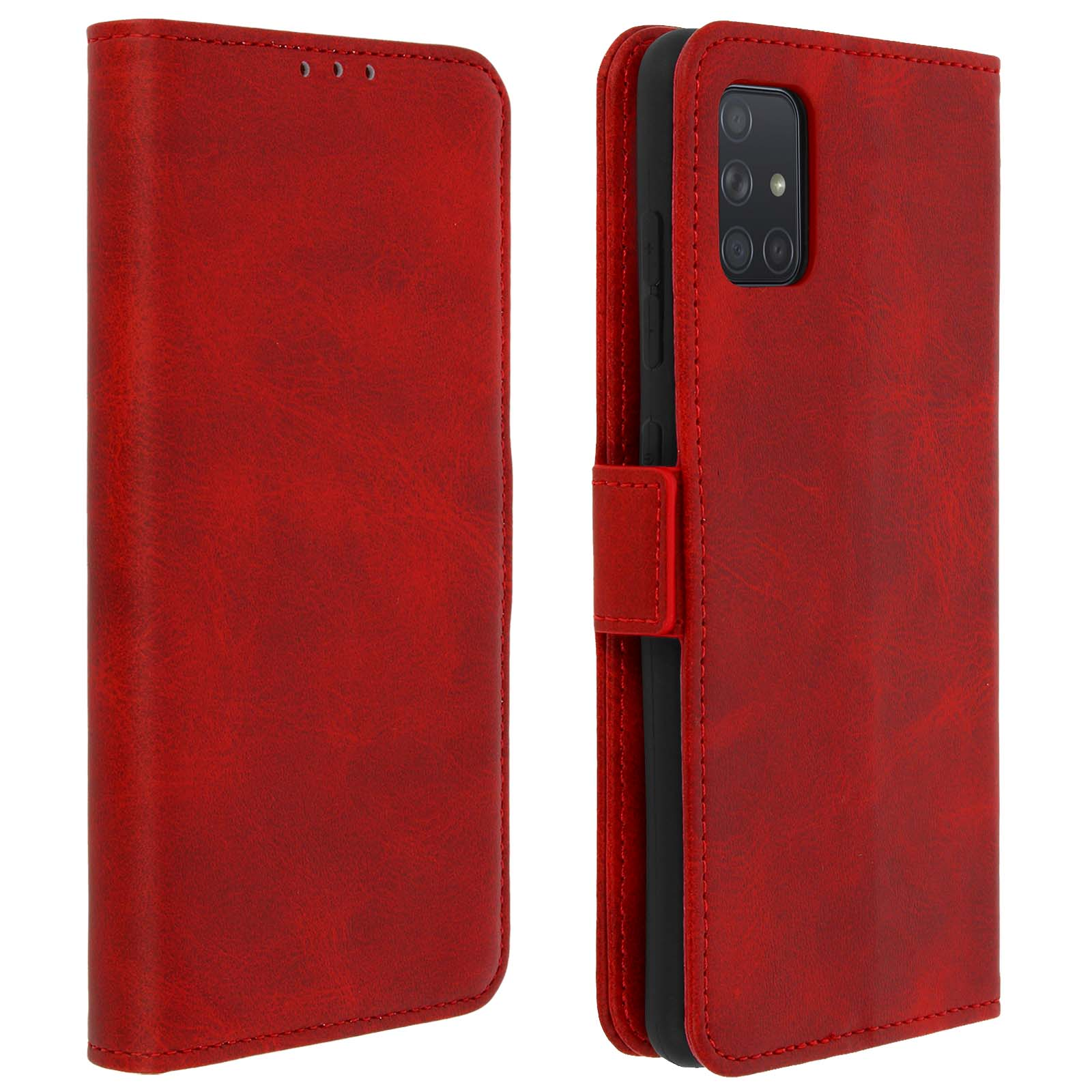Custodia rossa. Aperta, mostrando il telefono. Telefono con tripla fotocamera.