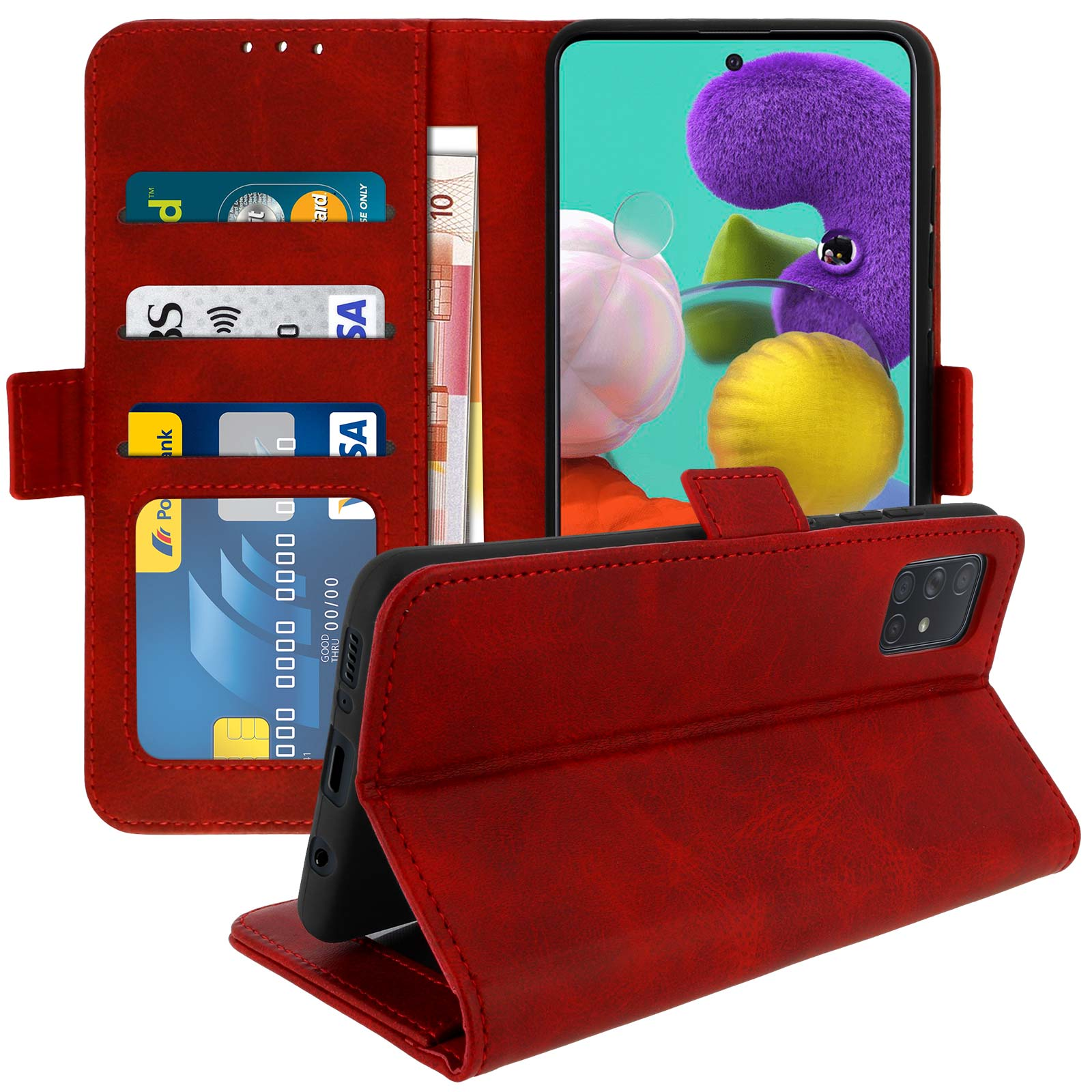 Custodia rossa con telefono dentro. Carte e contanti negli slot. Schermo del telefono visibile.