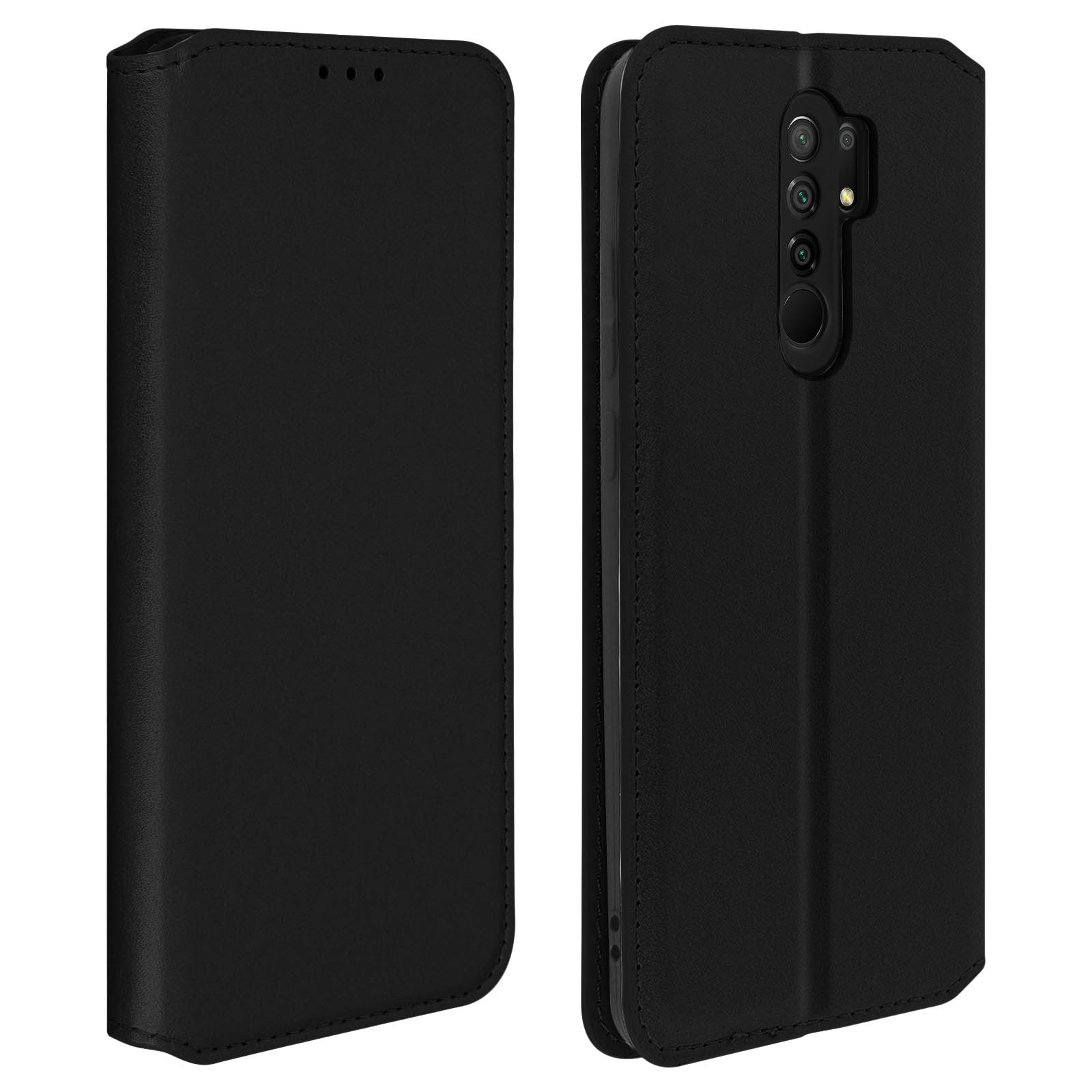 Coque de téléphone noire, ouverte et fermée, montrant un téléphone. Fond blanc.