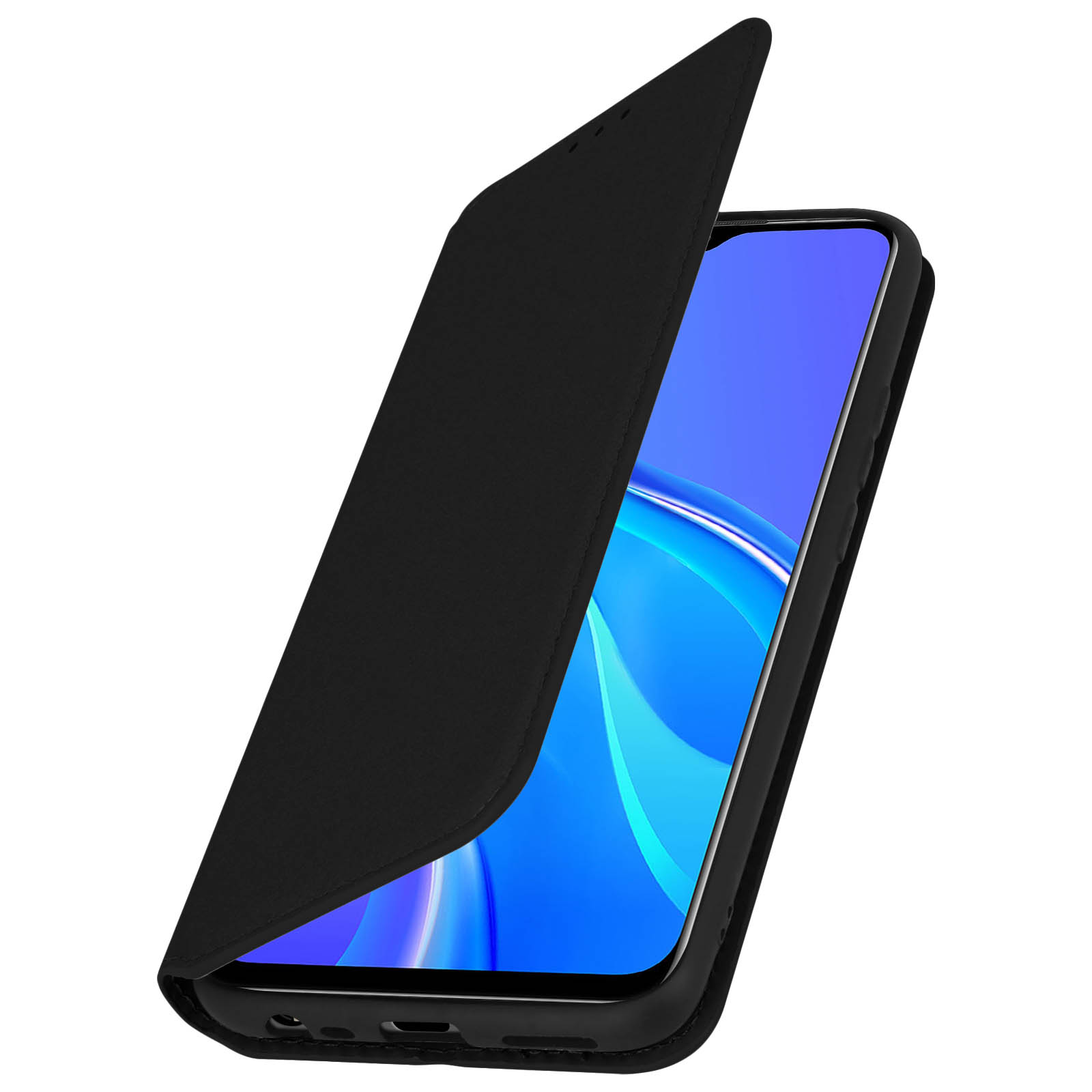 Étui de téléphone noir ouvert, révélant l'écran du téléphone. L'étui est ouvert en biais.