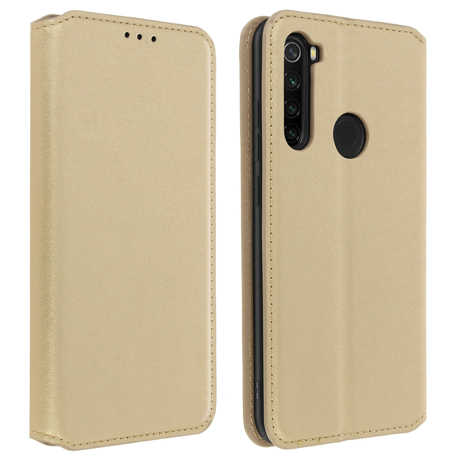 Custodia dorata per telefono con cover a ribalta. Il telefono è dentro, fotocamera e pulsanti visibili.