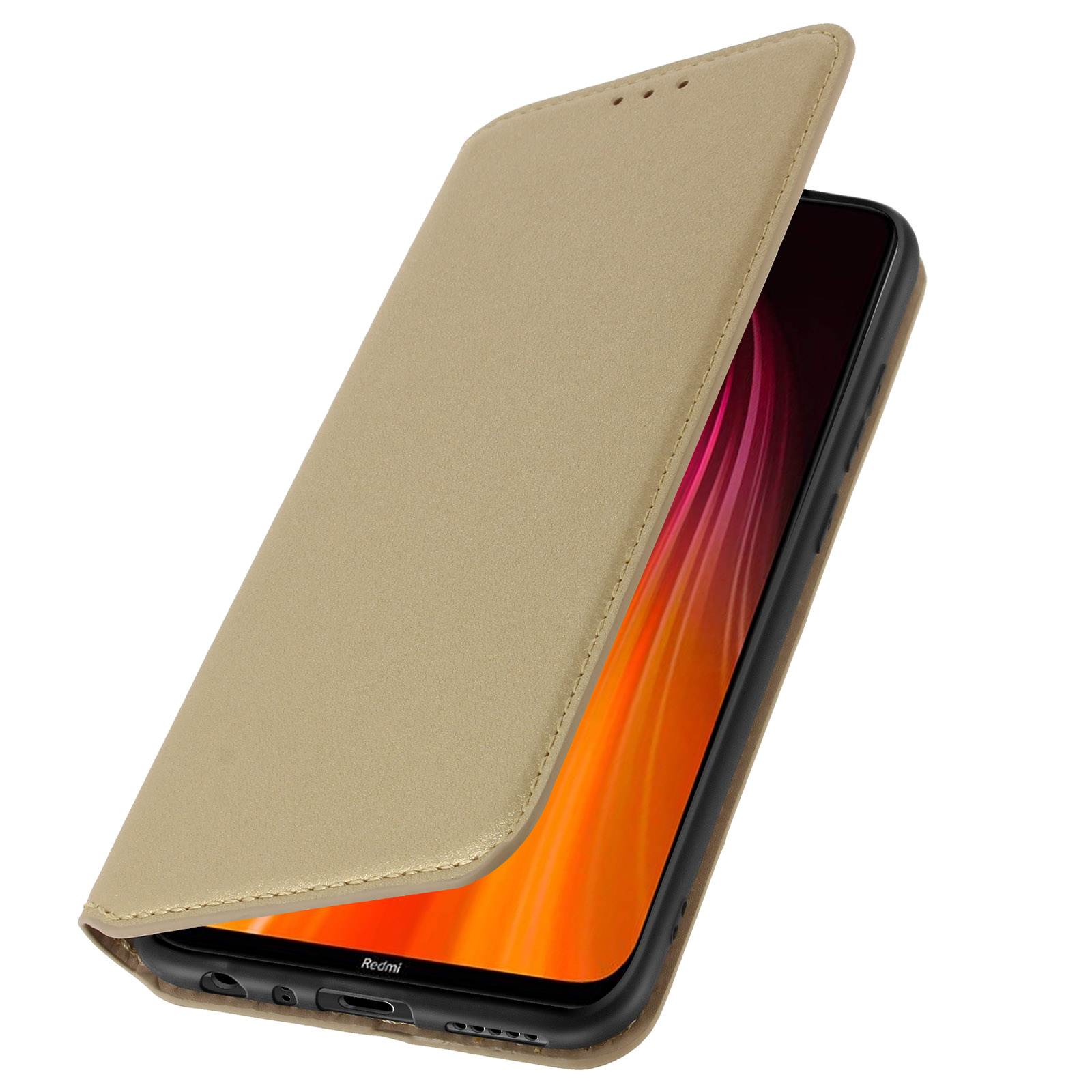 Una custodia beige per telefono aperta, che rivela un telefono all'interno.