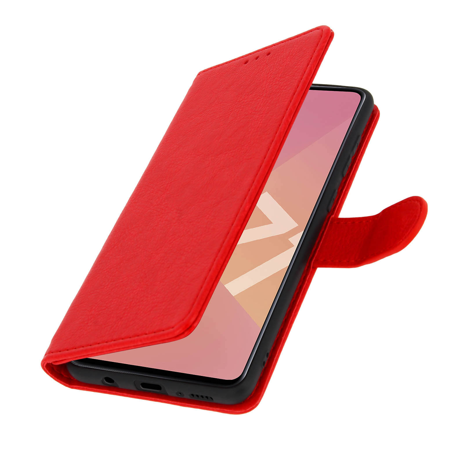 Étui rouge avec téléphone à l'intérieur. L'étui est ouvert. Téléphone noir visible.