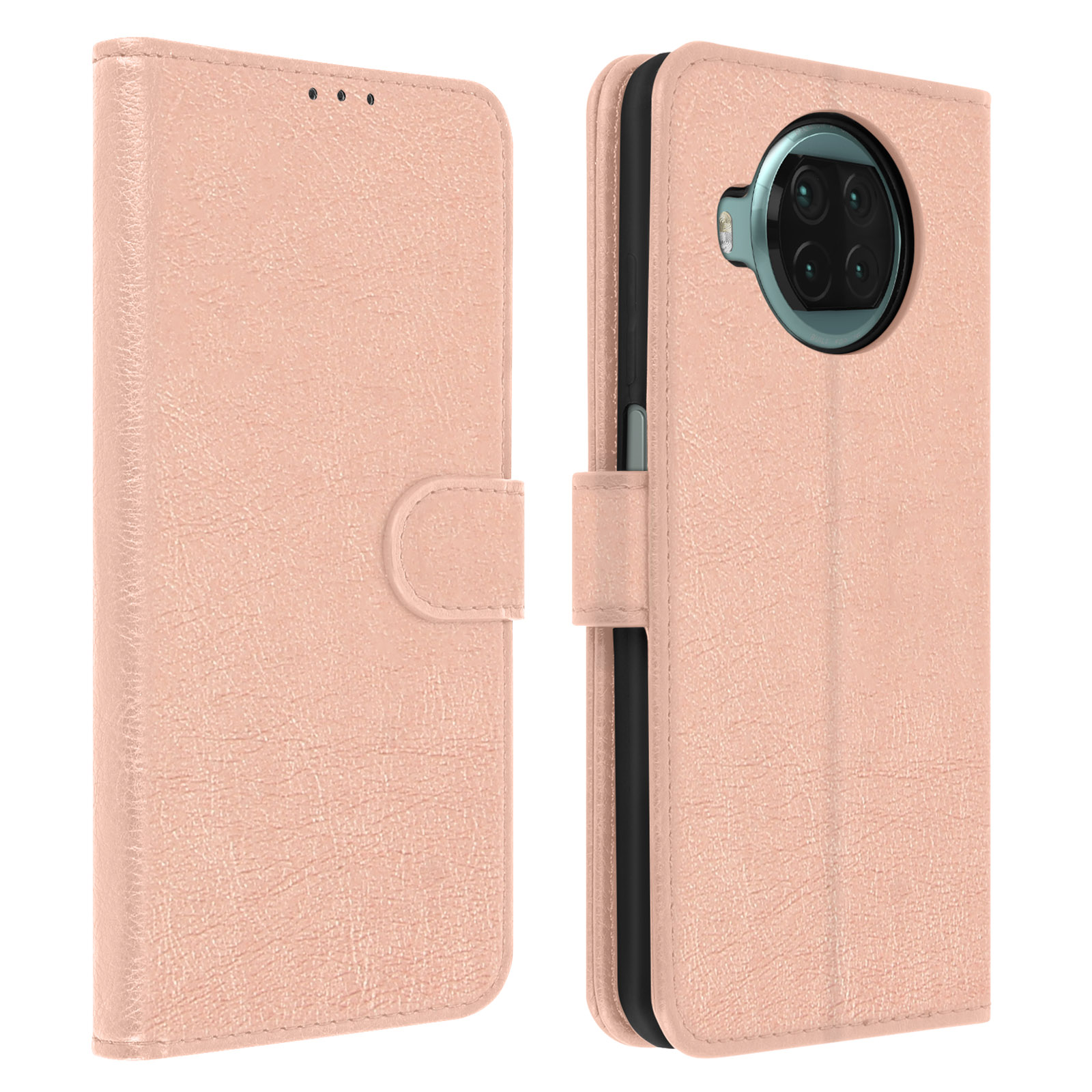 Custodia rosa per telefono, aperta, che mostra il telefono e una chiusura magnetica.
