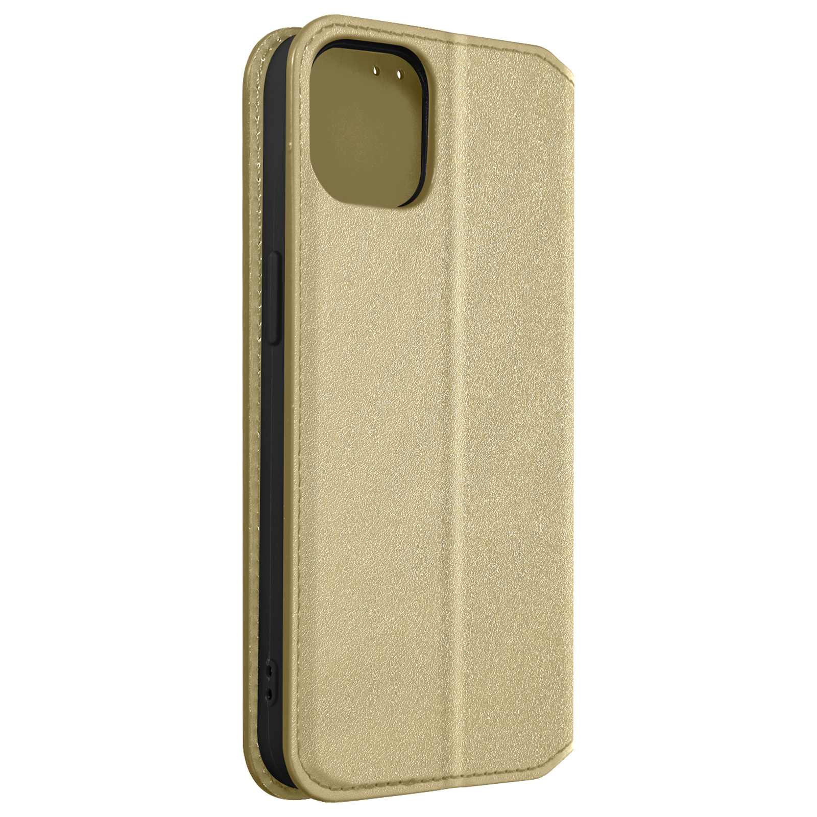 Un étui de téléphone doré est fermé, montrant l'arrière du téléphone. Le fond est noir.