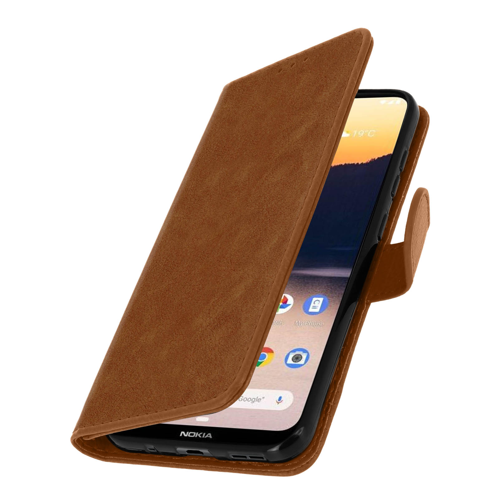 Téléphone dans un étui en cuir marron. Affiche l'écran d'accueil et la température.