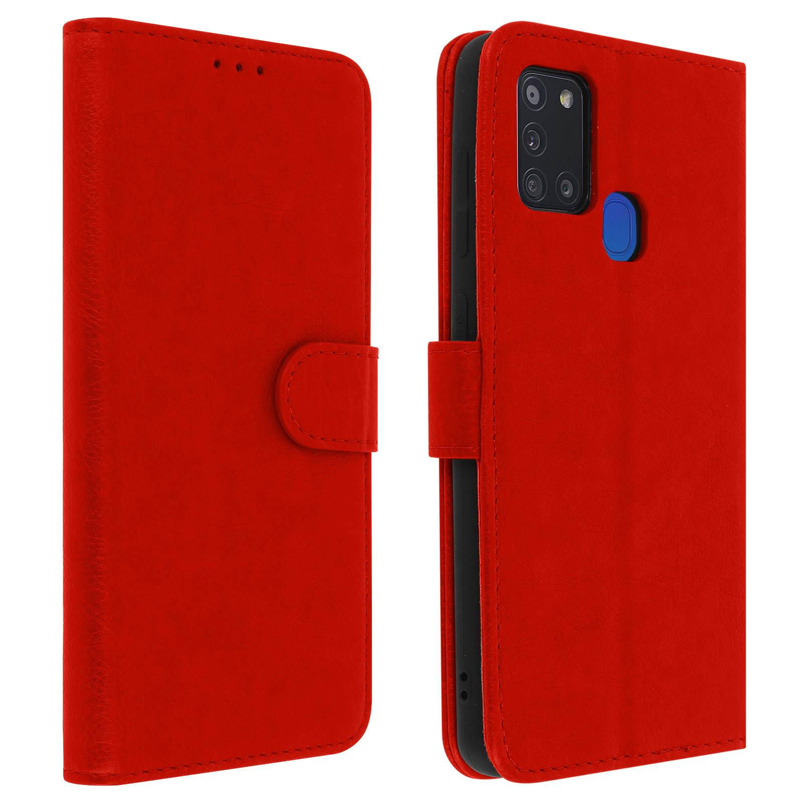Étui de téléphone rouge ouvert et fermé. Le téléphone et l'étui sont de la même couleur rouge.