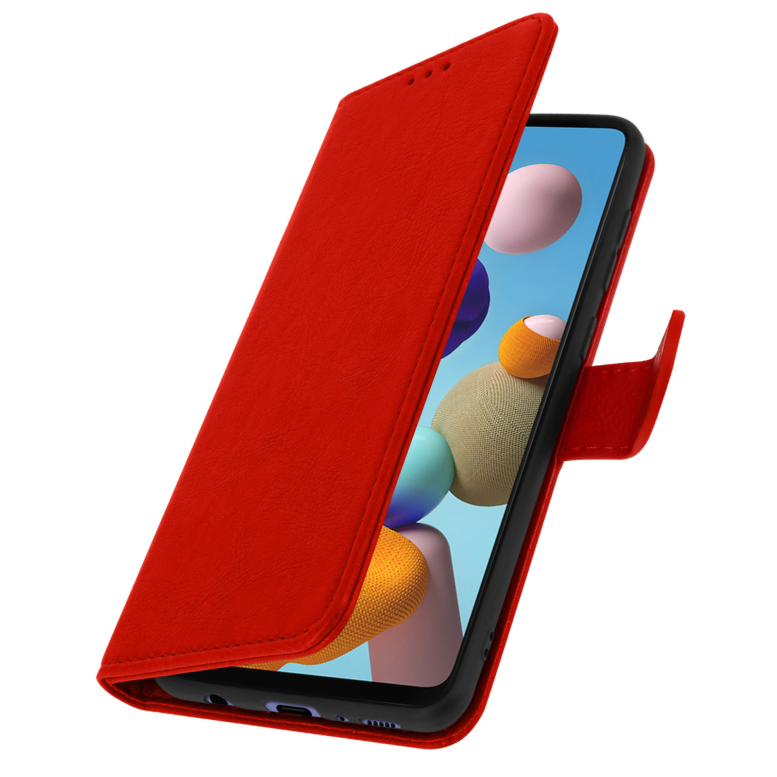 Étui de téléphone rouge ouvert, révélant un écran de téléphone. L'étui est en simili cuir.