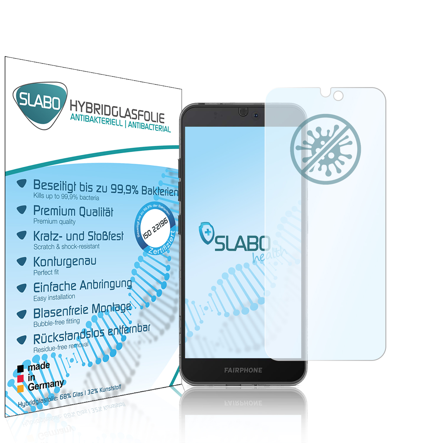 Verpackung für Displayschutzfolie und der Schutz selbst. Text auf der Verpackung: SLABO HYBRIDGLASFOLIE.