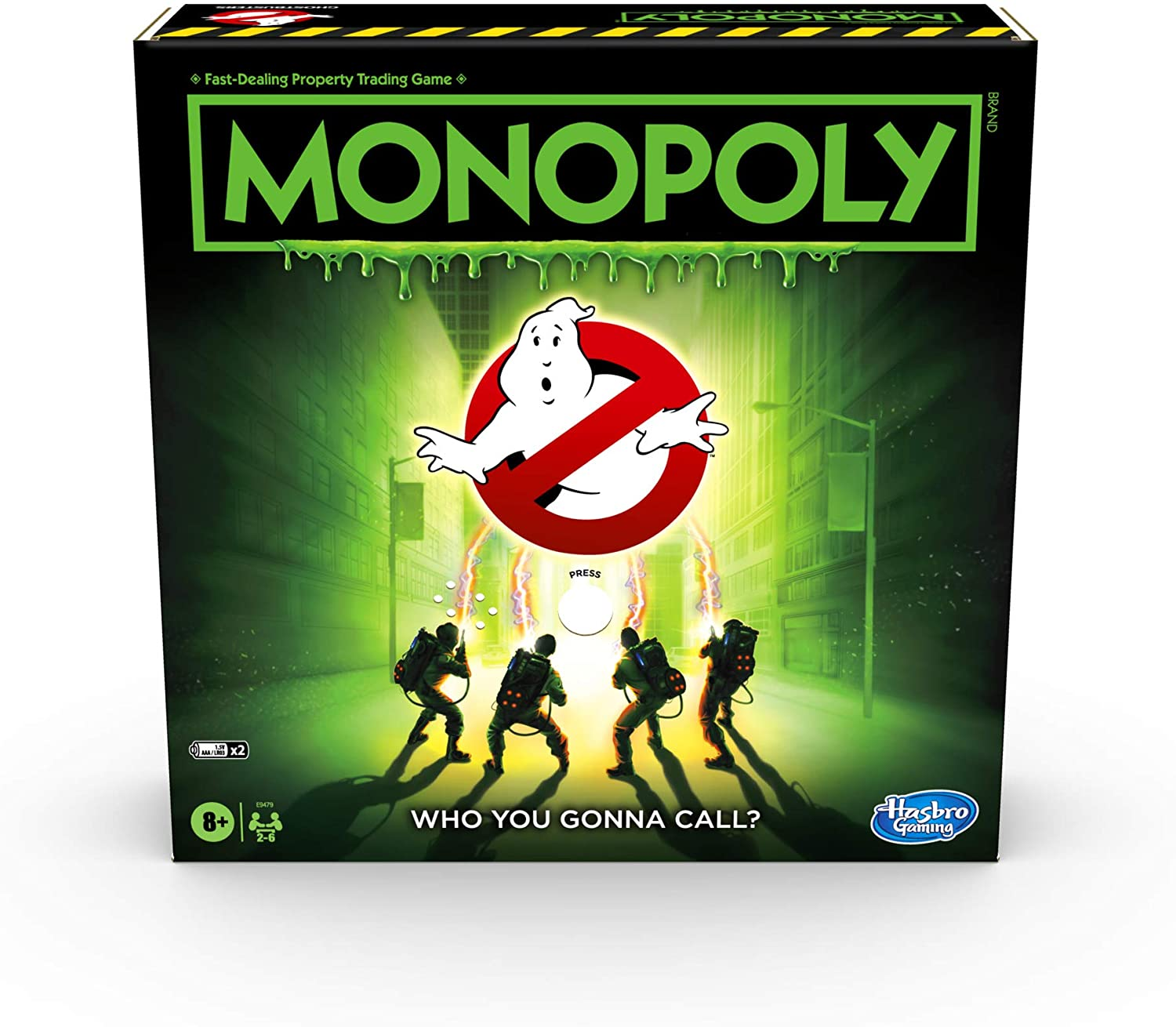 Monopoly Ghostbusters Brettspielbox auf weißem Hintergrund mit grünem Schleim.
