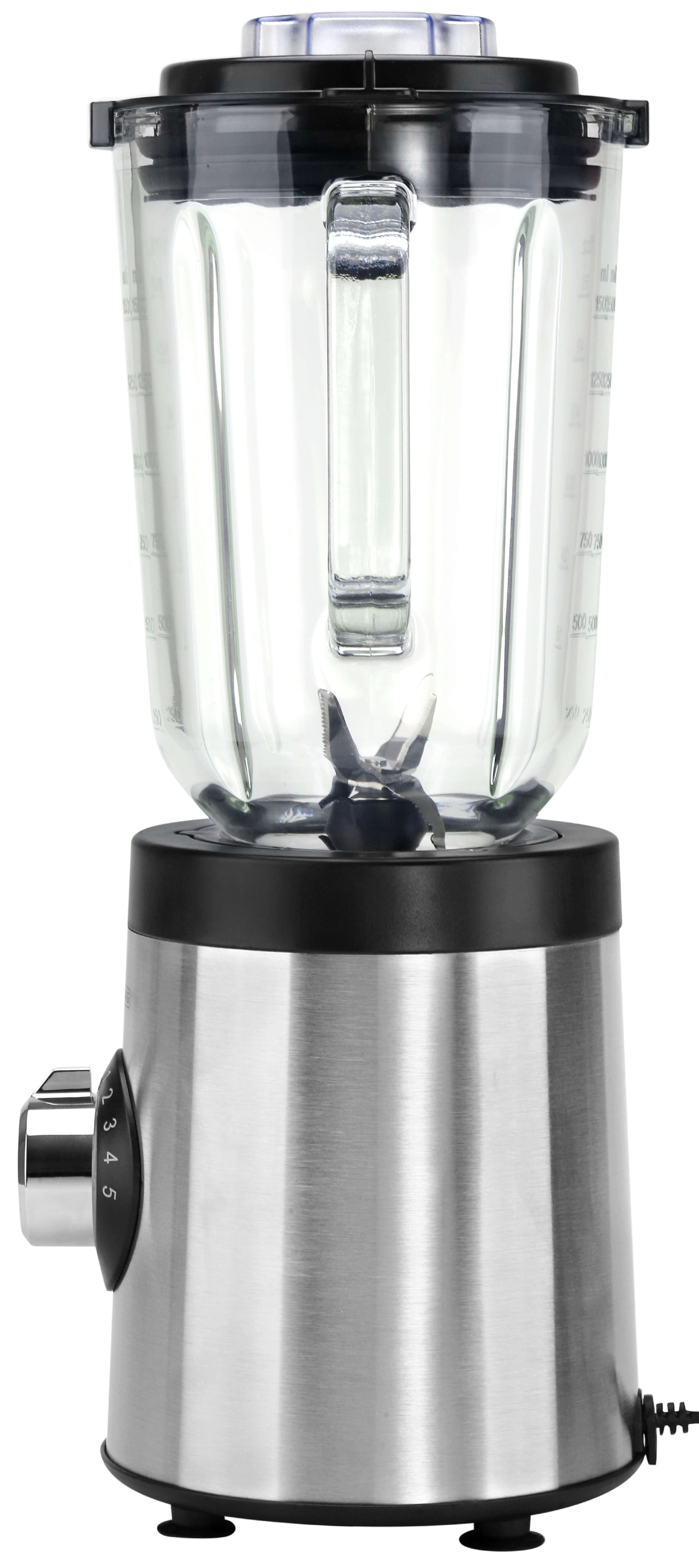 Ein Edelstahl-Mixer mit einem Glasbehälter, schwarzem Deckel und schwarzem Sockel.