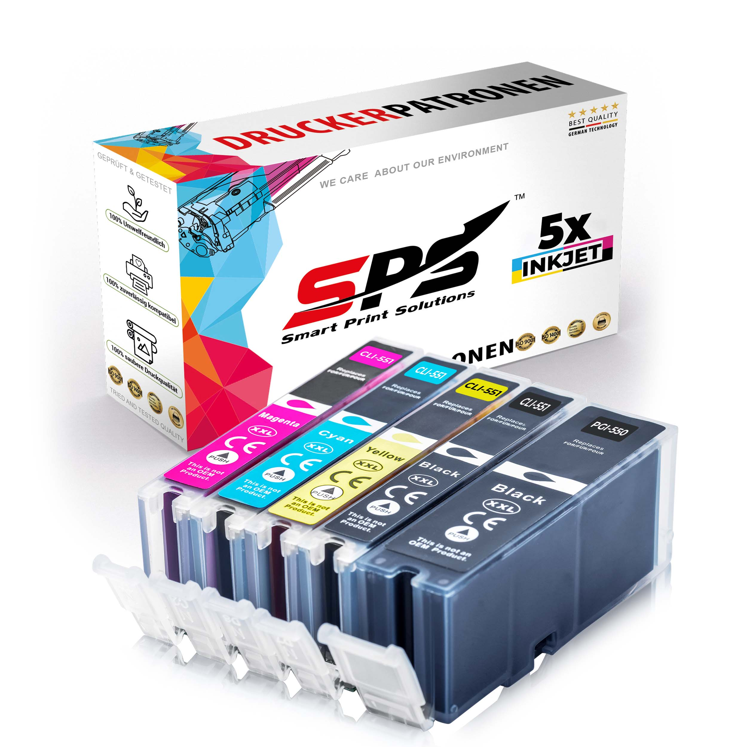 Tintenpatronen in einer Box. Cyan, Magenta, Gelb und Schwarz sind zu sehen.