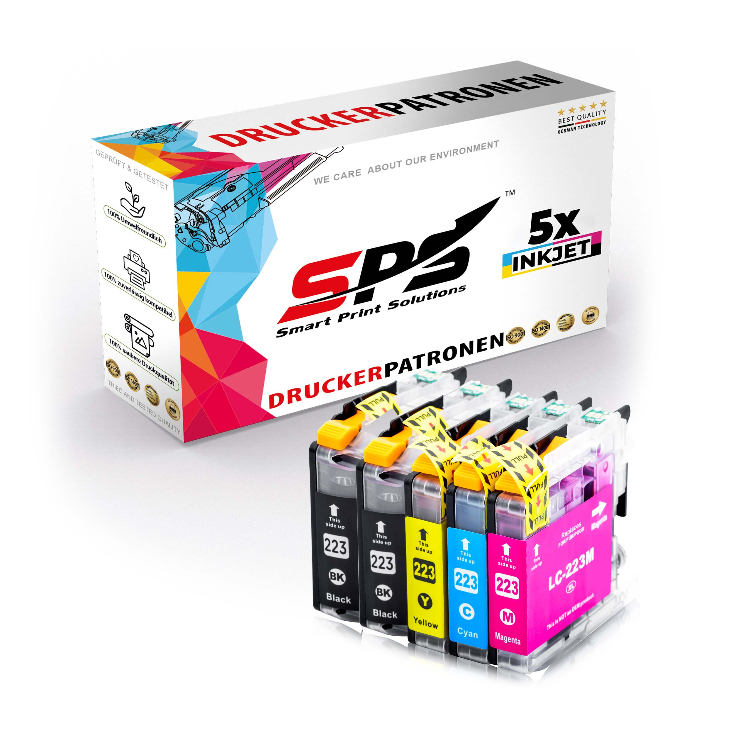 Tintenpatronen und Karton. Schwarz, Gelb, Cyan, Magenta. Die Box hat das Logo und den Text.