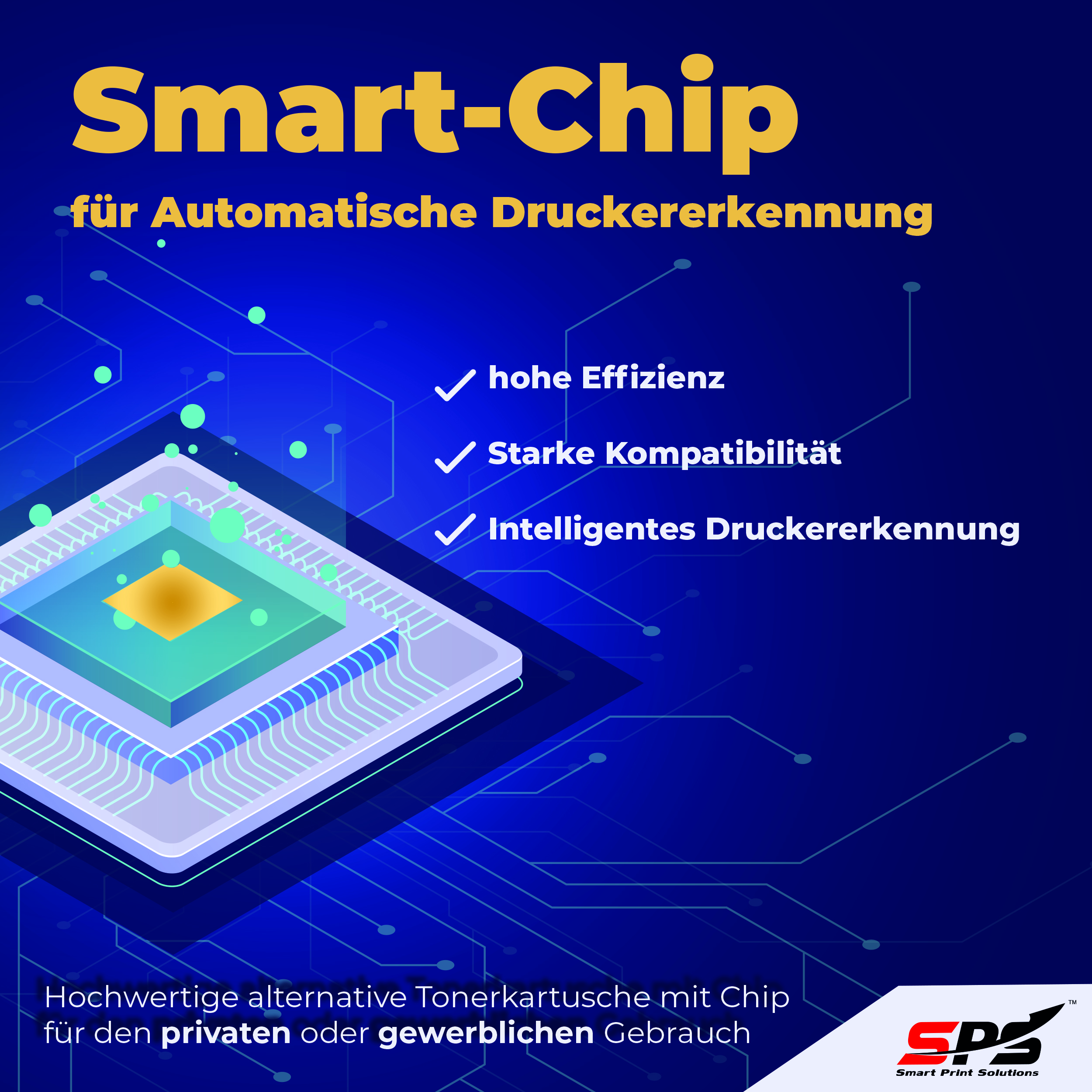 Das Bild zeigt ein Smart-Chip-Diagramm mit Text auf Deutsch. Der Chip befindet sich in einem blauen Schaltkreishintergrund mit einem goldenen Quadrat.