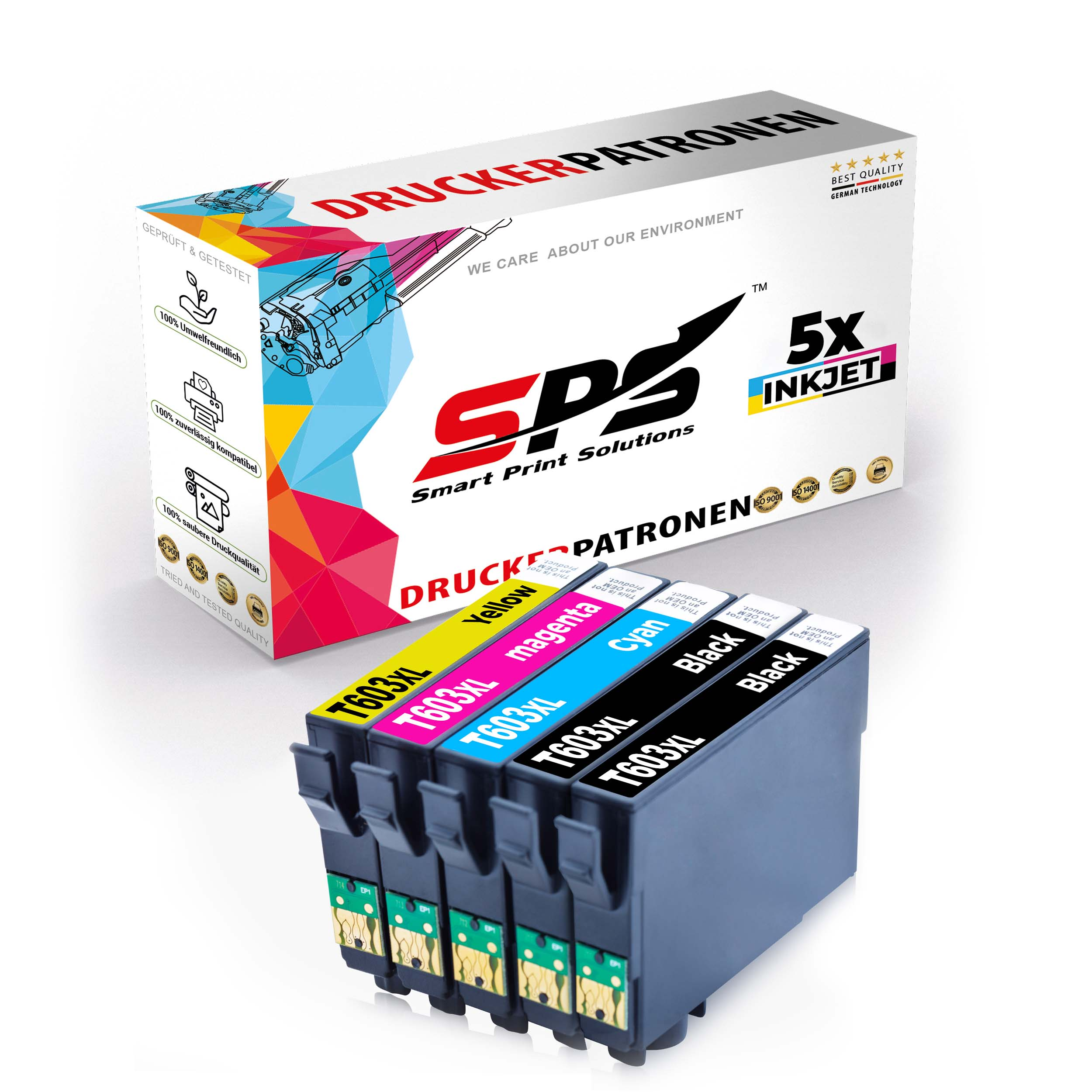 Tintenpatronen, gelb, magenta, cyan und zwei schwarze. Weiße Box dahinter.