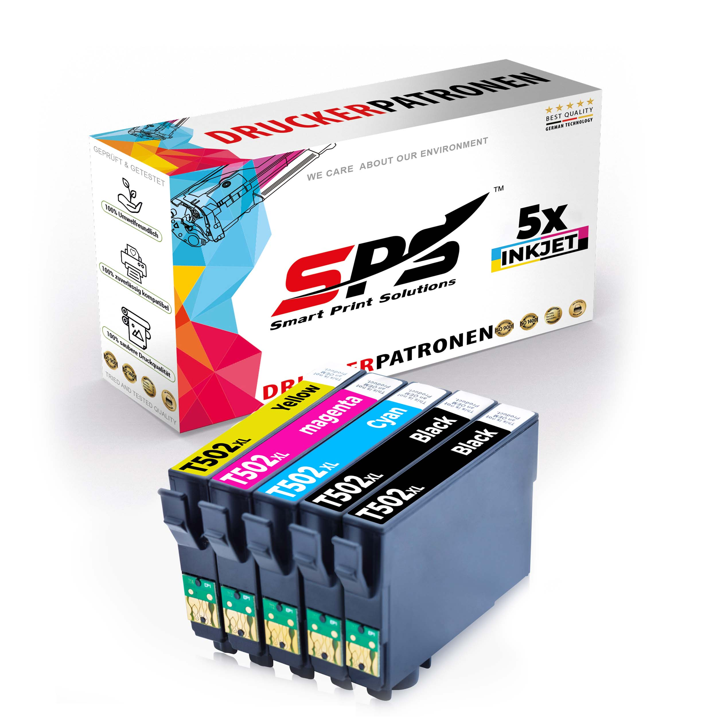 Tintenpatronen und -box. Patronen: Gelb, Magenta, Cyan und Schwarz. Weißer Hintergrund.
