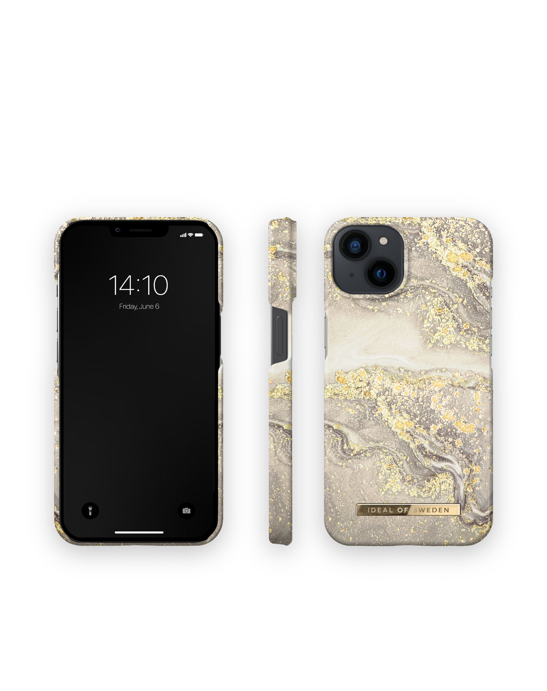 Telefon mit Handyhülle im Marmordesign. Der Bildschirm zeigt Zeit und Datum. Seiten- und Rückansicht.