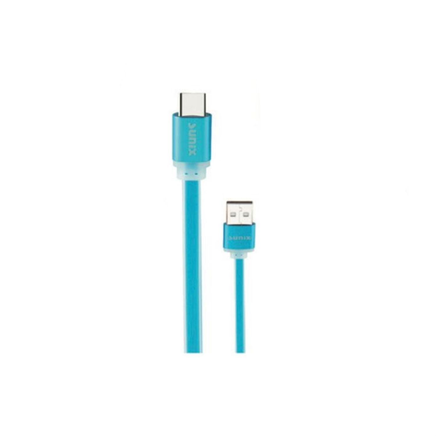 Blaues USB-C-zu-USB-Kabel. Das Kabel ist blau und weiß. Weißer Hintergrund.
