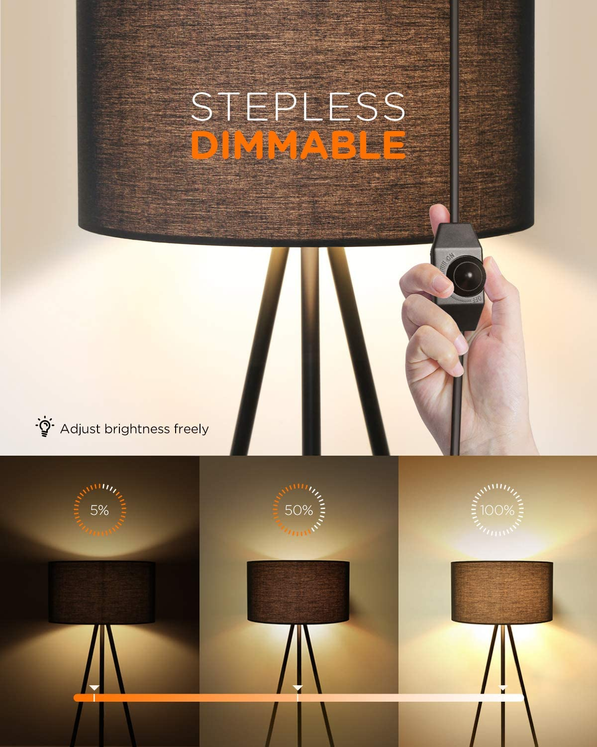 Eine Stehlampe mit dunklem Lampenschirm, eine Hand stellt einen Dimmer ein, verschiedene Helligkeitsstufen.