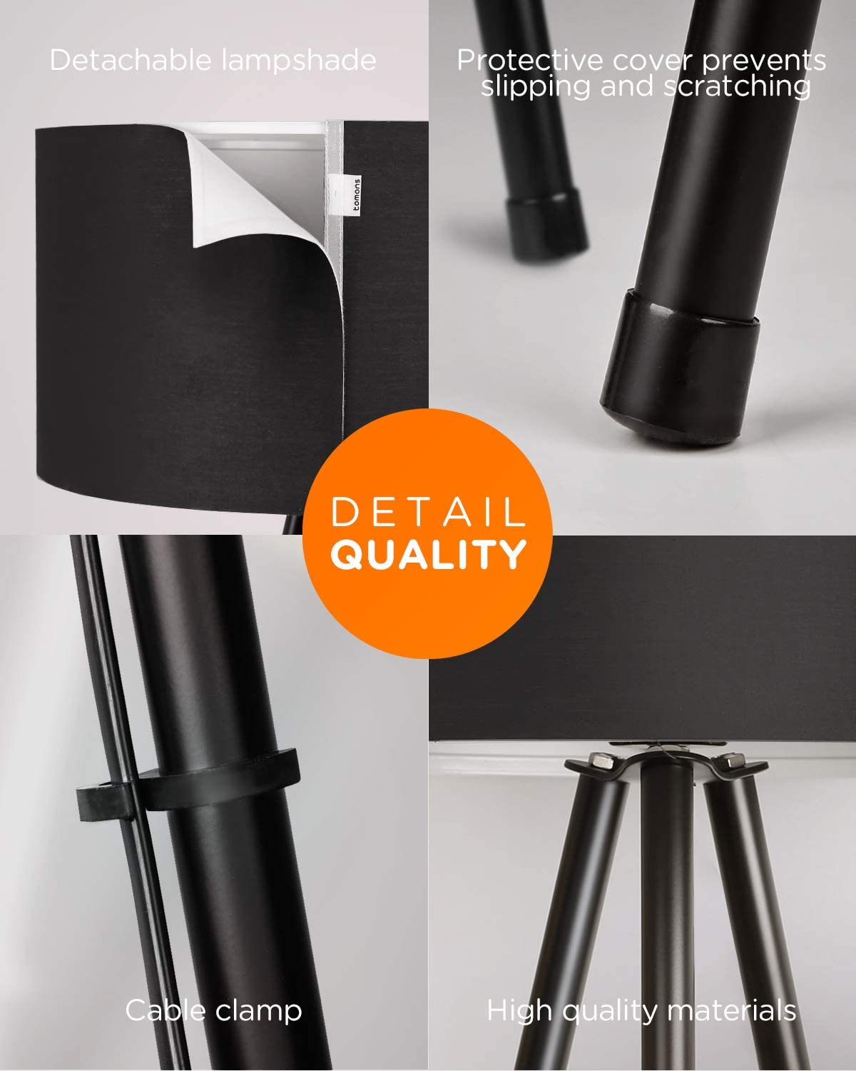 Collage einer schwarzen Lampe: abnehmbarer Lampenschirm, Basisdetail, Kabelklemme und hochwertige Materialien.