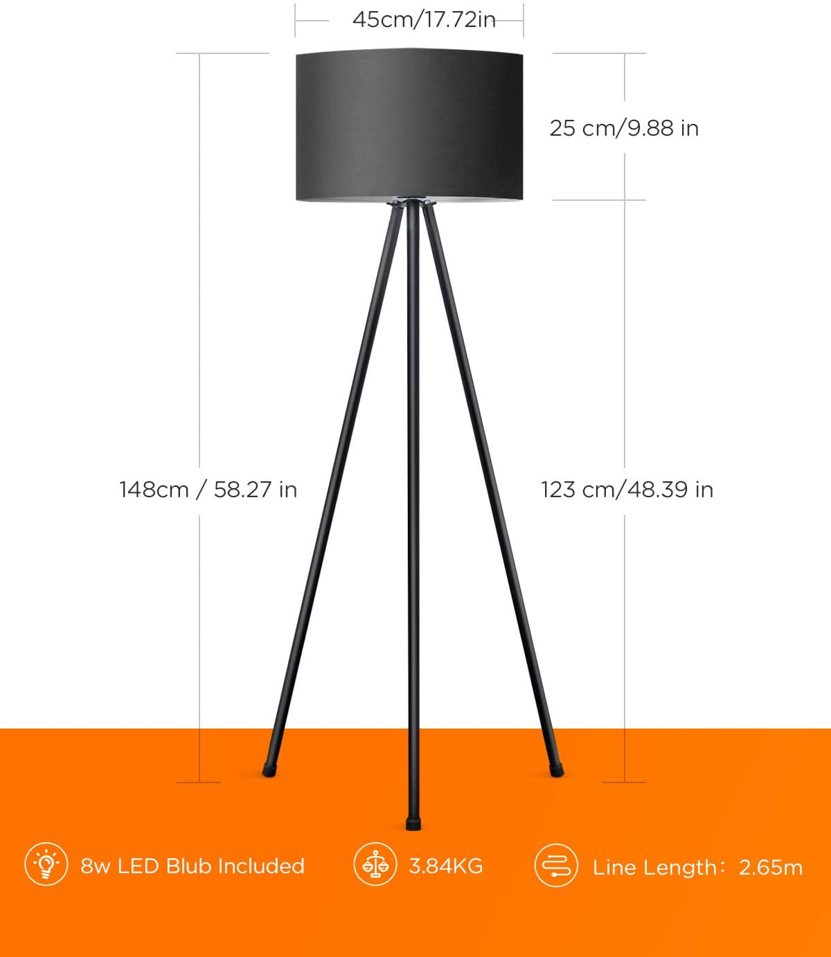 Schwarze Stativ-Stehlampe mit schwarzem Lampenschirm. Abmessungen sind angegeben.