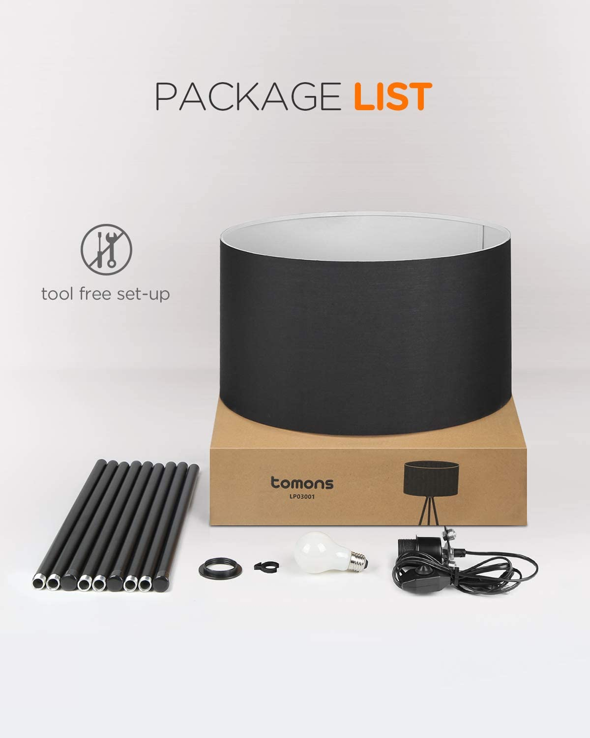 Eine Packliste mit einer Lampe und Komponenten. Die Verpackung liegt auf einer weißen Oberfläche.