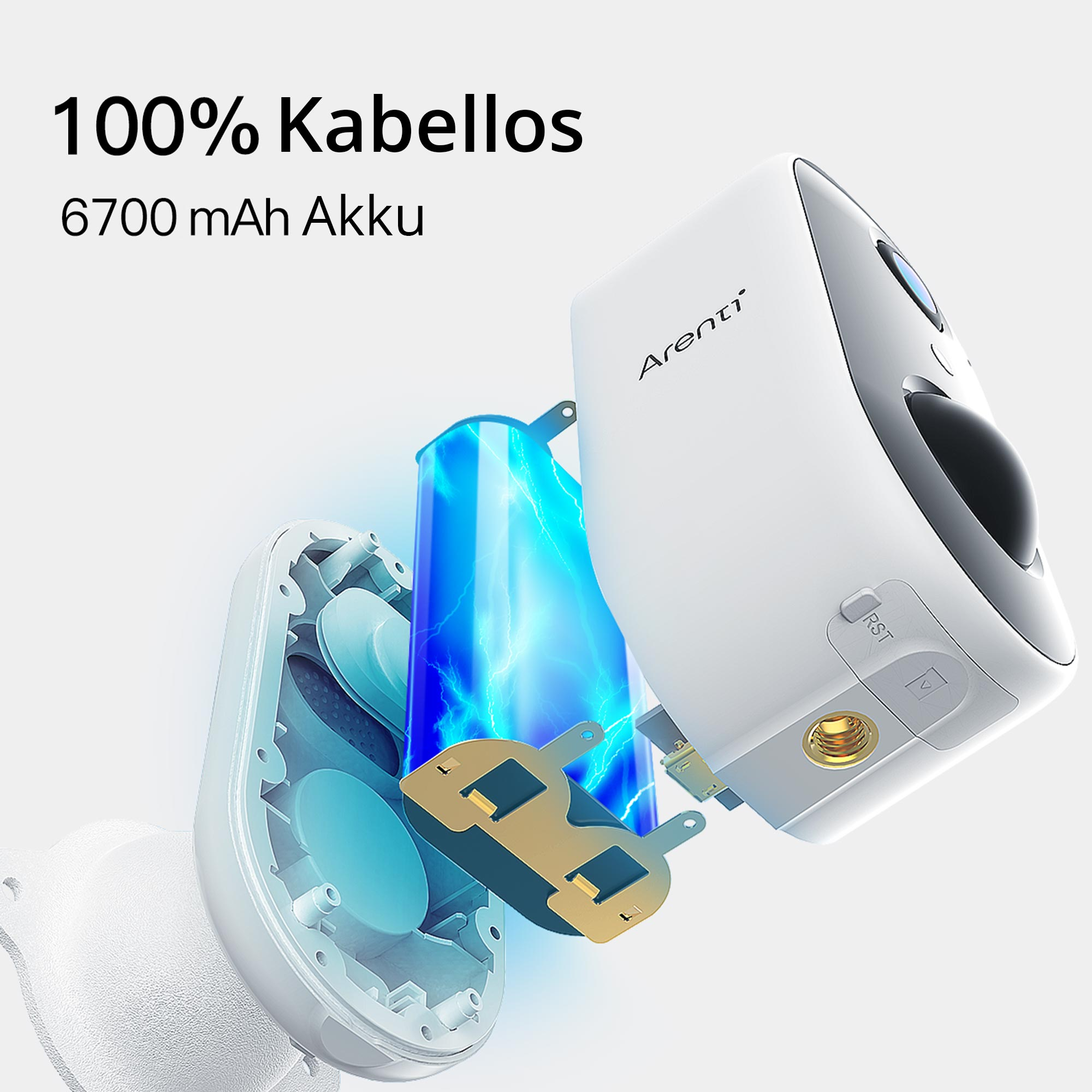 Explosionsansicht einer weißen Überwachungskamera mit blauer Batterie, Text '100% Kabellos' und '6700 mAh Akku'.