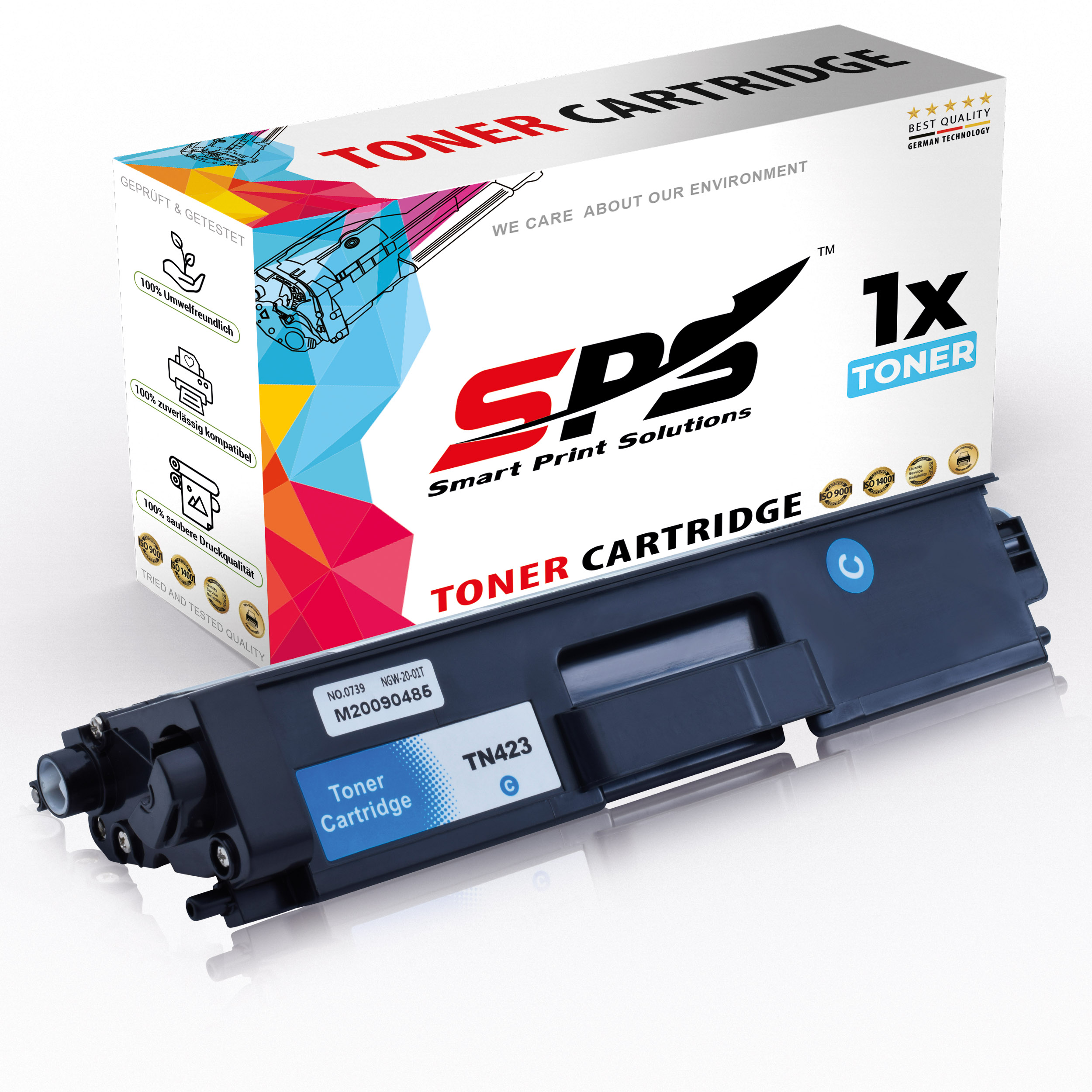 Eine schwarze Tonerkartusche mit blauem Etikett. Im Hintergrund eine Box mit 'TONER CARTRIDGE'.
