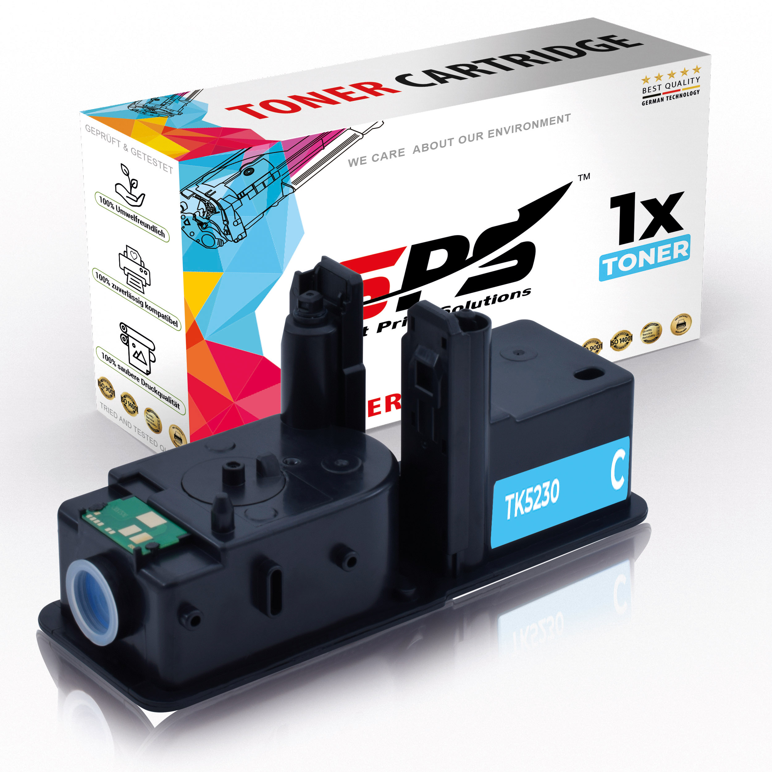 Schwarze Tonerkartusche mit blauem Etikett. Box mit Text und Logo im Hintergrund.