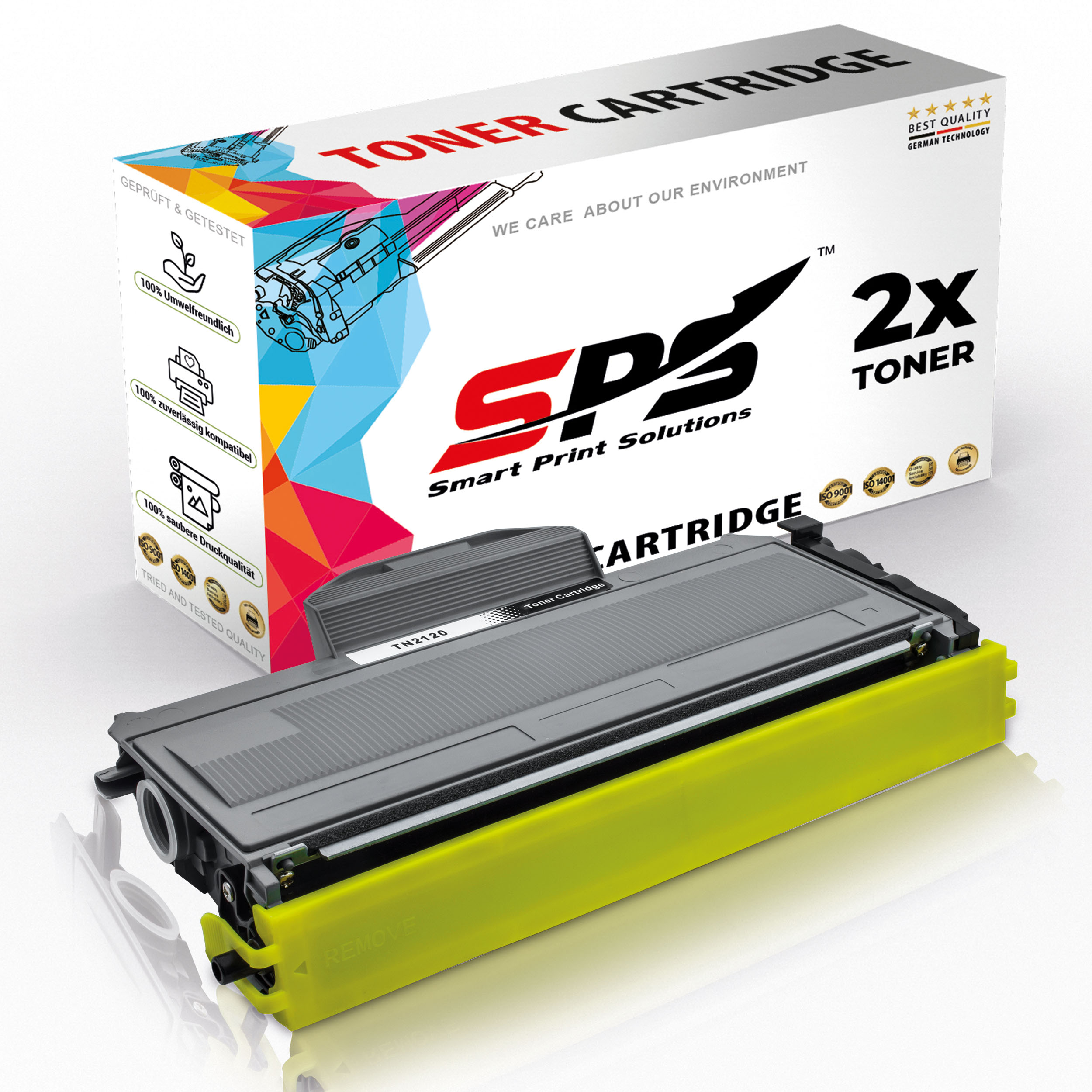 Grau-gelbe Tonerkartusche mit einer Box mit der Aufschrift "Toner Cartridge".