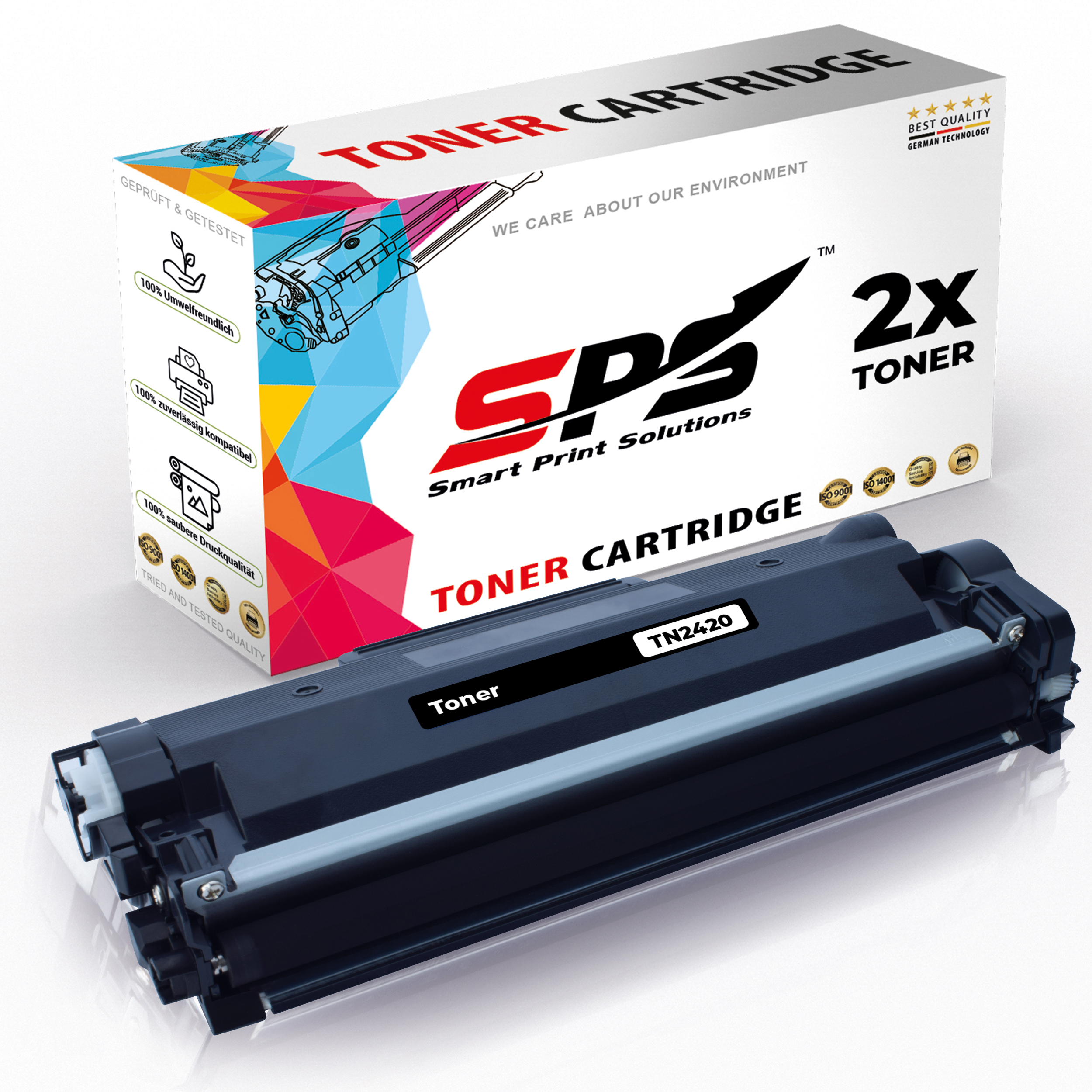 Schwarze Tonerkartusche. Im Hintergrund eine Box mit 'TONER CARTRIDGE'.