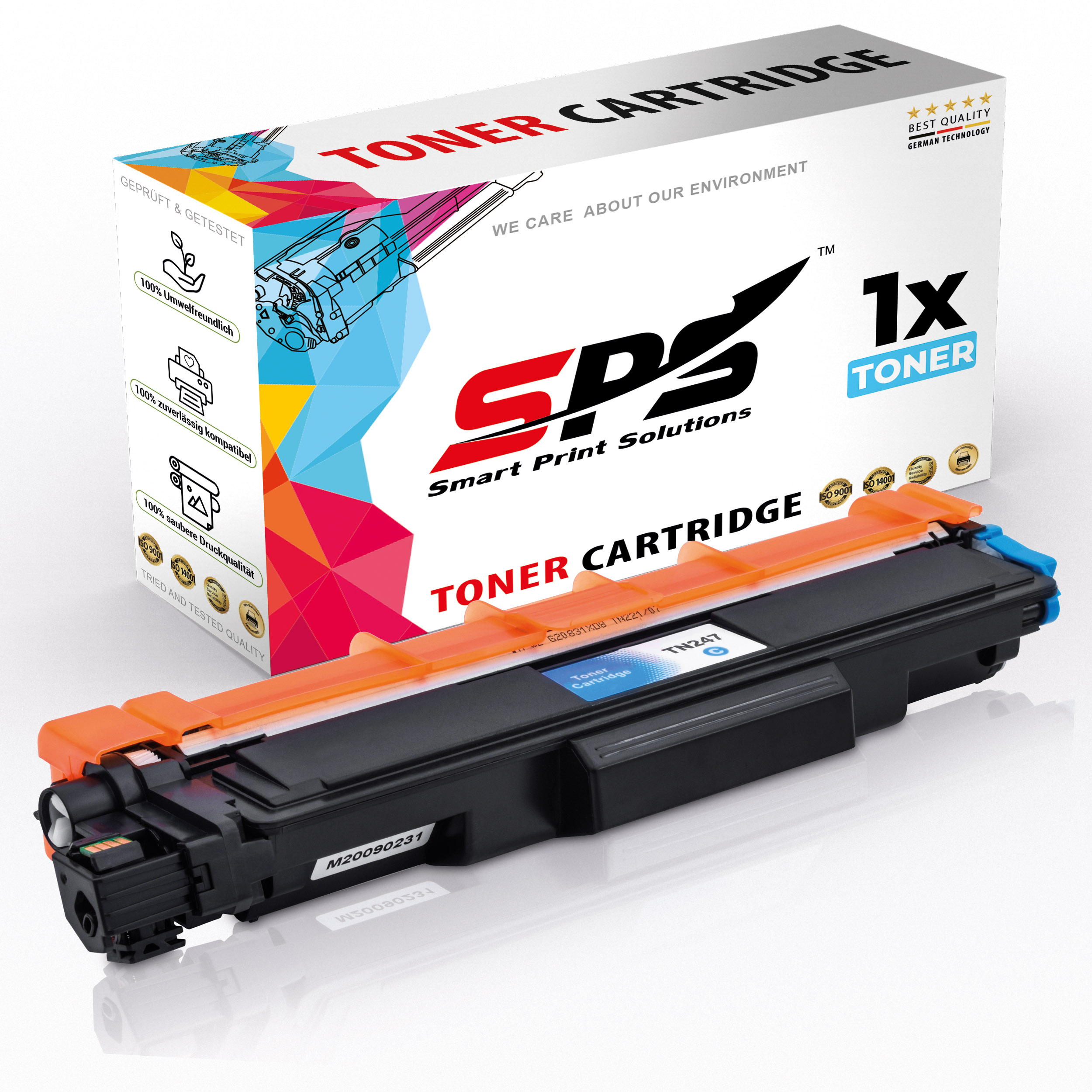 Schwarz-orangefarbene Tonerkartusche mit blauen Akzenten. Marke ist SPS Smart Print Solutions. Text Toner Cartridge sichtbar.