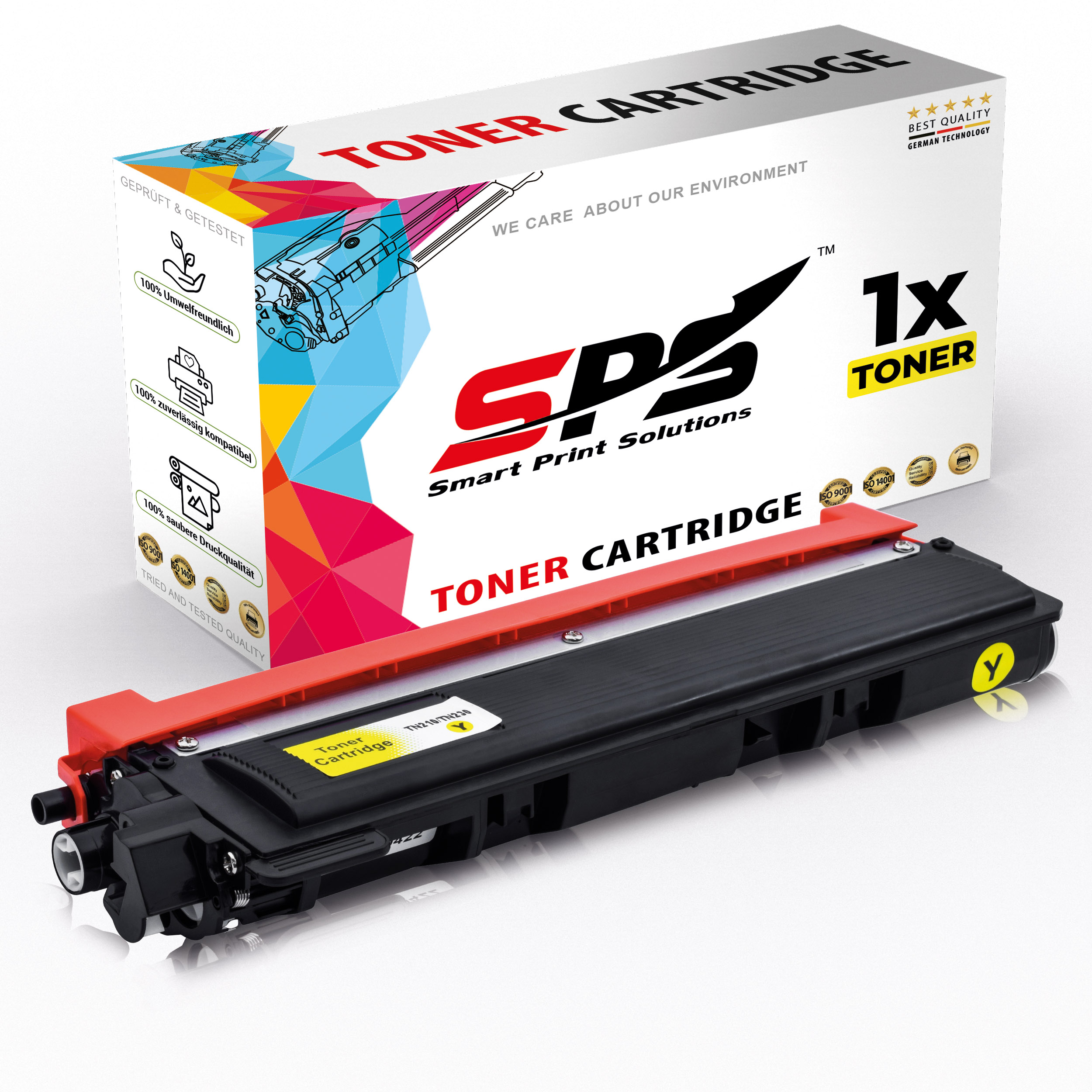 Schwarze und gelbe Tonerkartusche mit rotem Oberteil, Box sagt '1x Toner'.