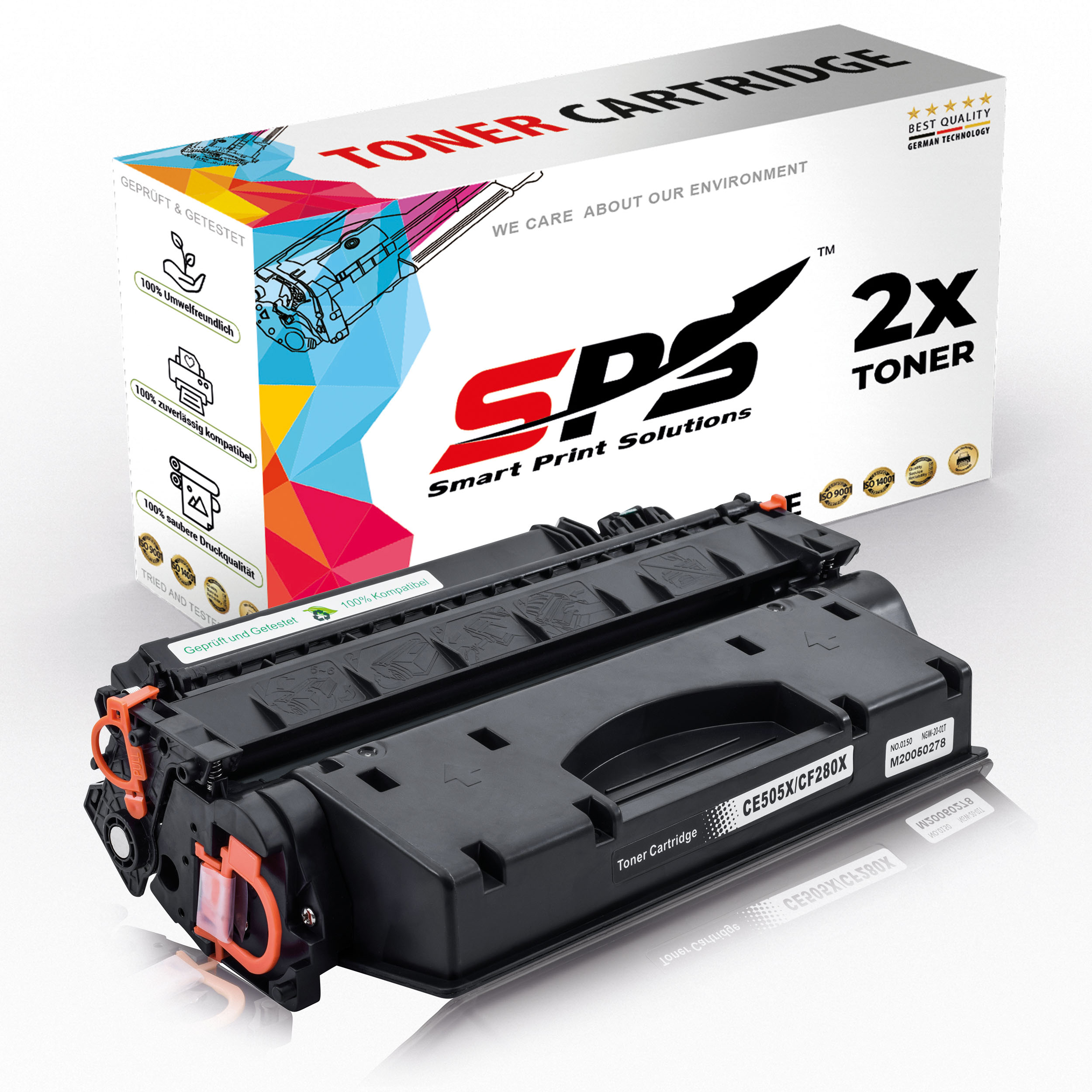 Schwarz-orangefarbene Tonerkartusche vor einer Produktinformationsbox mit dem Logo der Marke.